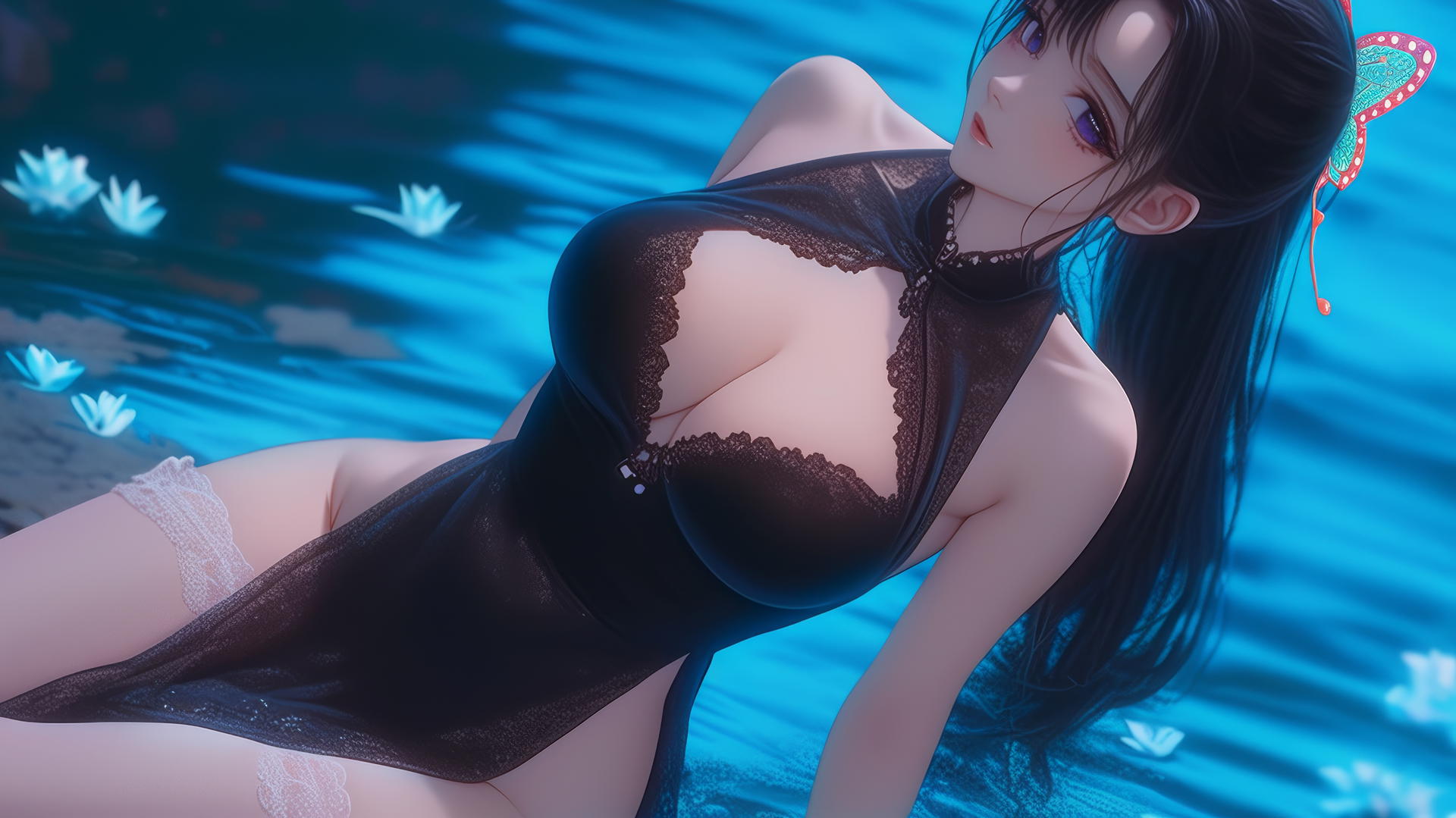 Kanao Tsuyuri kneeling, viewed from below, warm light highlighting her figure.