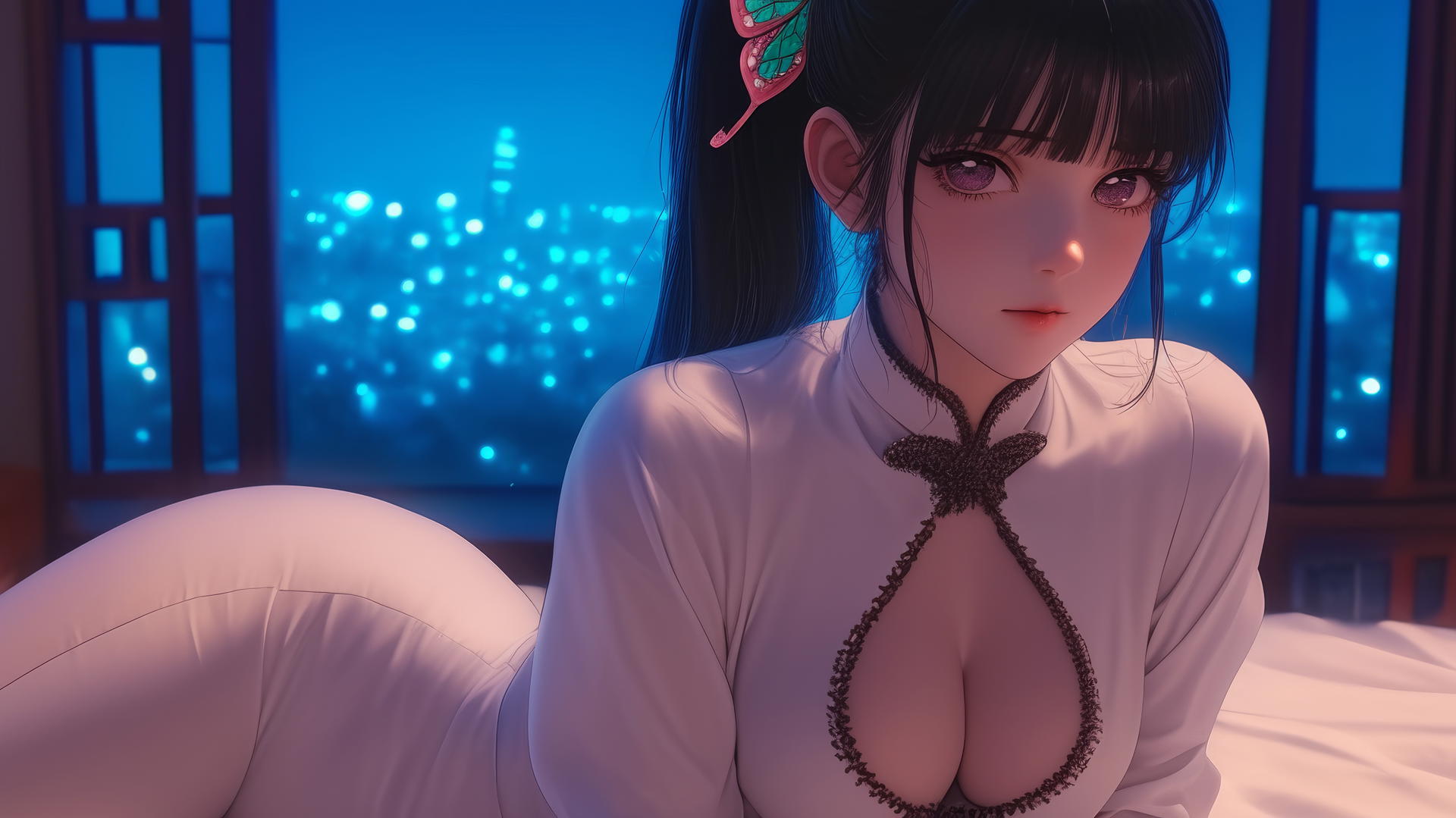 Kanao Tsuyuri resting in a modern hotel room with warm light, black hair, butterfly ornament, dark lilac eyes.