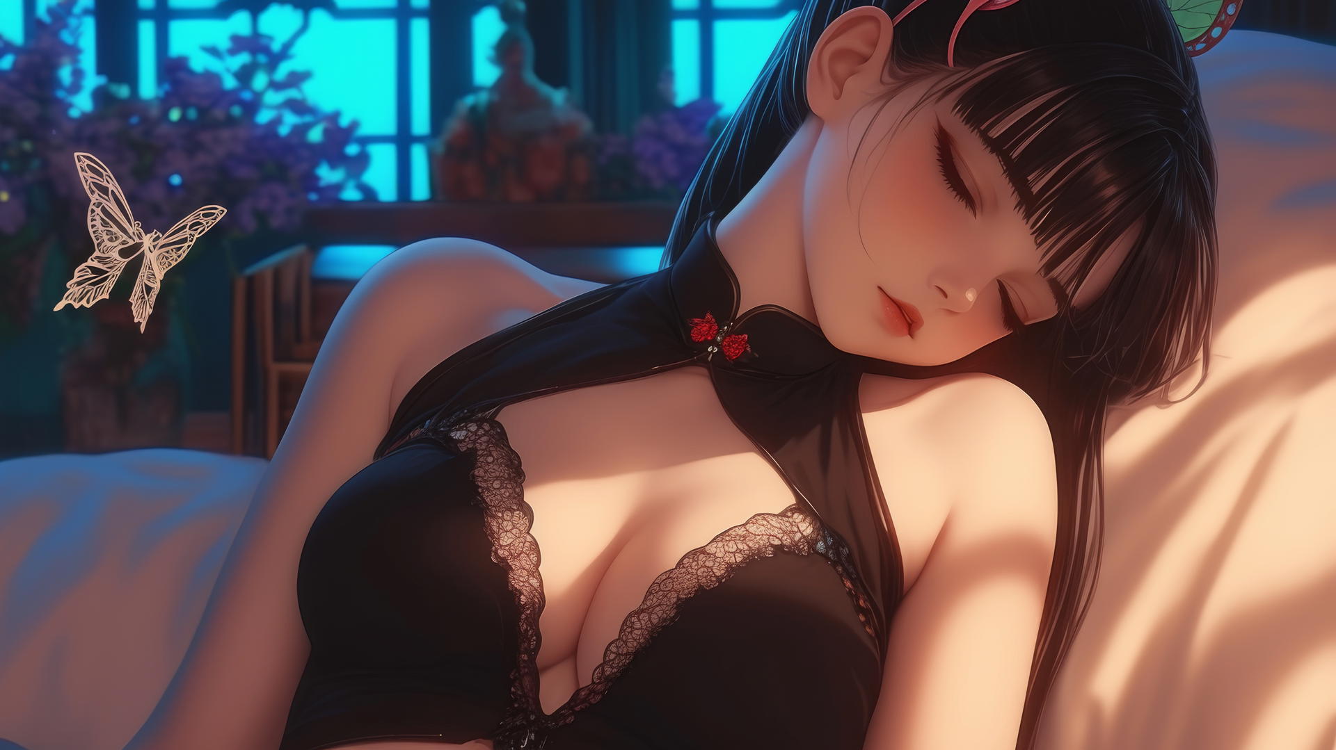 Kanao Tsuyuri resting in a modern hotel room, warm light on her figure and legs.