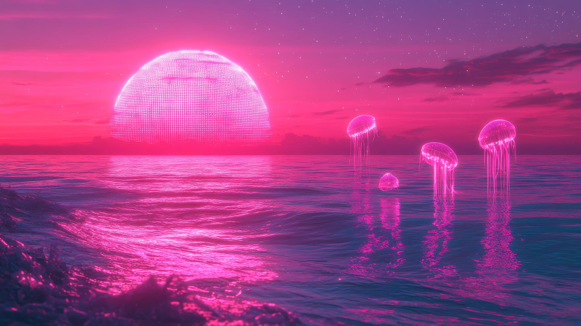 pink y2k wallpaper with neon pink waves, pixelated jellyfish, and holographic reflections