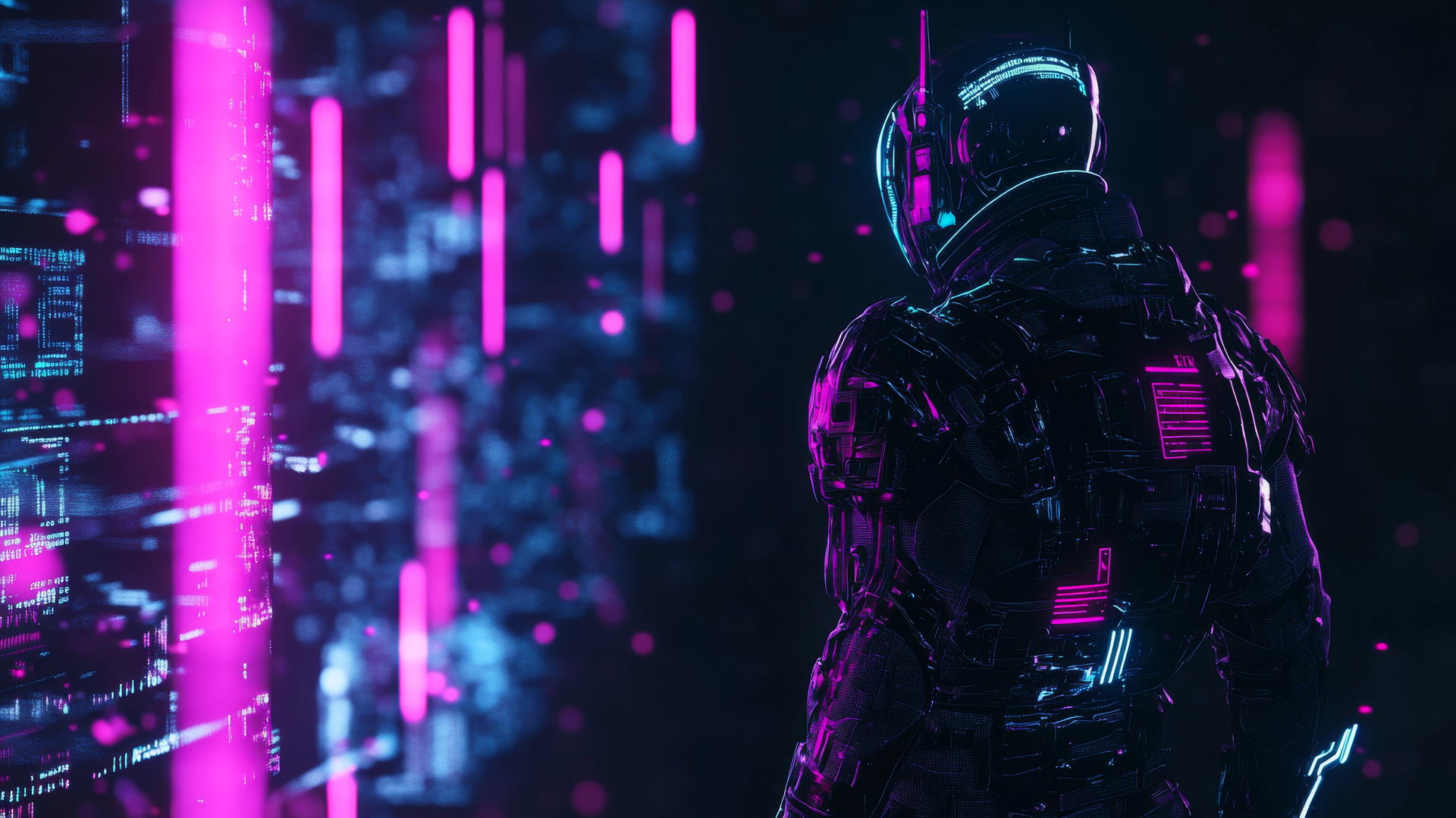 cyber Y2K wallpaper black with digital warrior, neon armor, pixelated circuits, holographic weapons