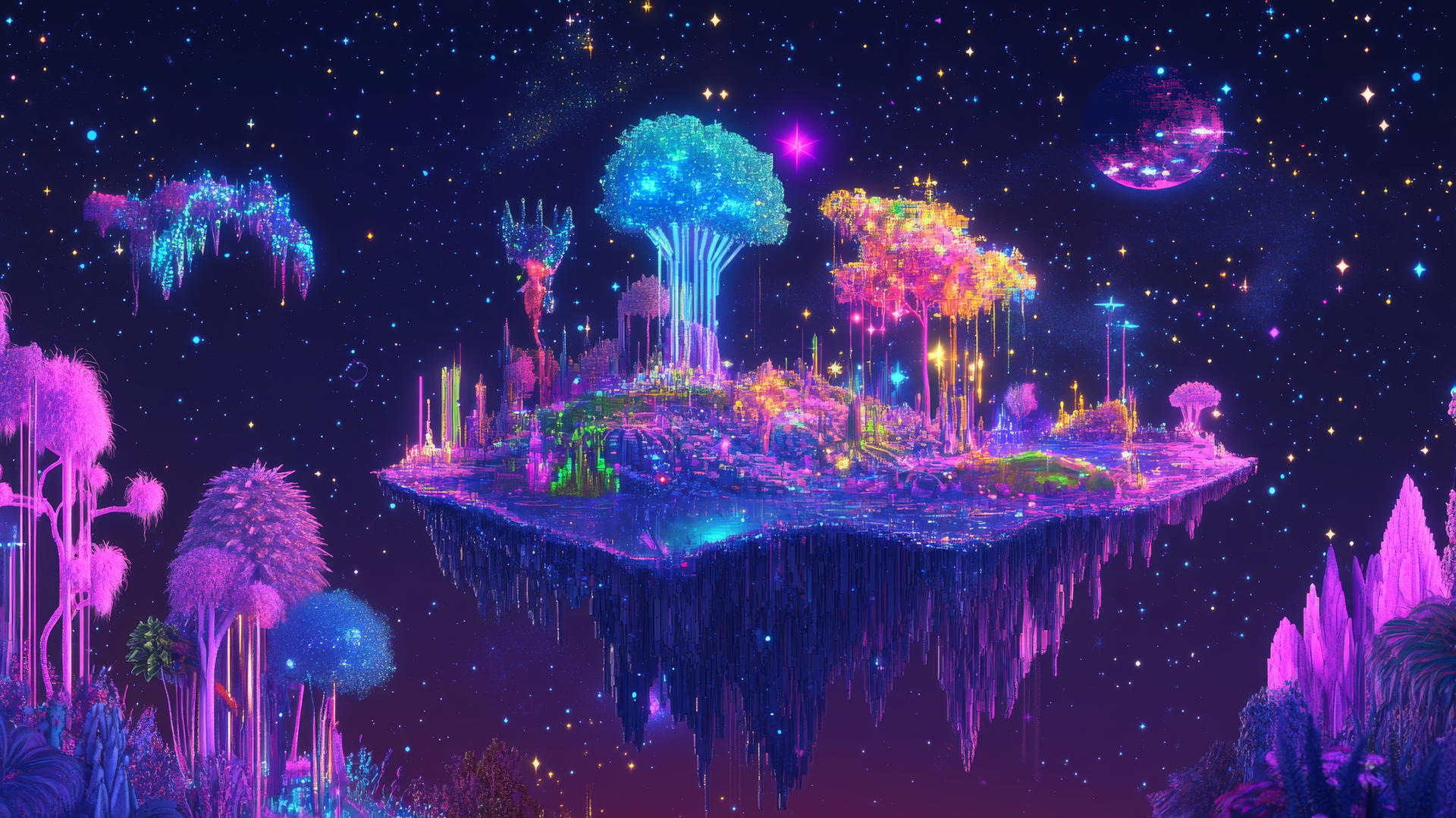 y2k star wallpaper with neon trees, pixelated animals, and holographic constellations