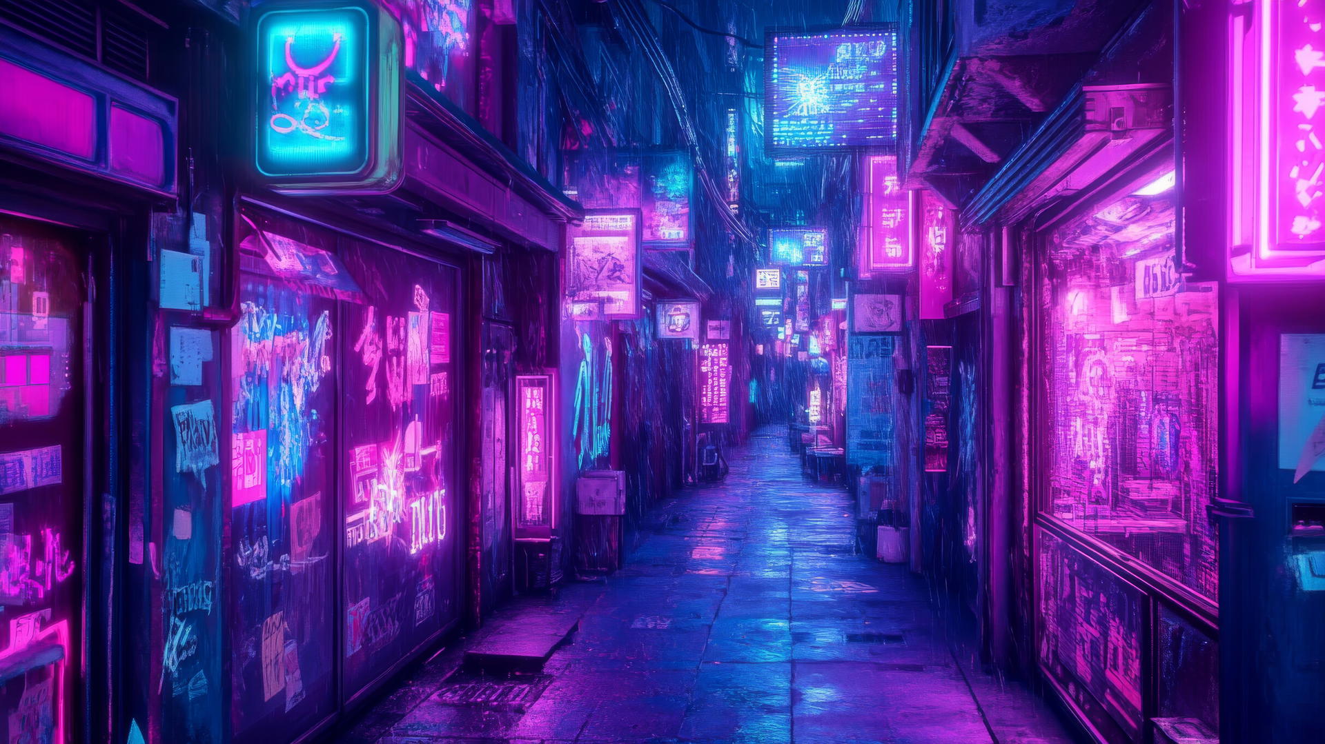 Y2K aesthetic wallpaper with neon graffiti, holographic ads, pixelated lights.