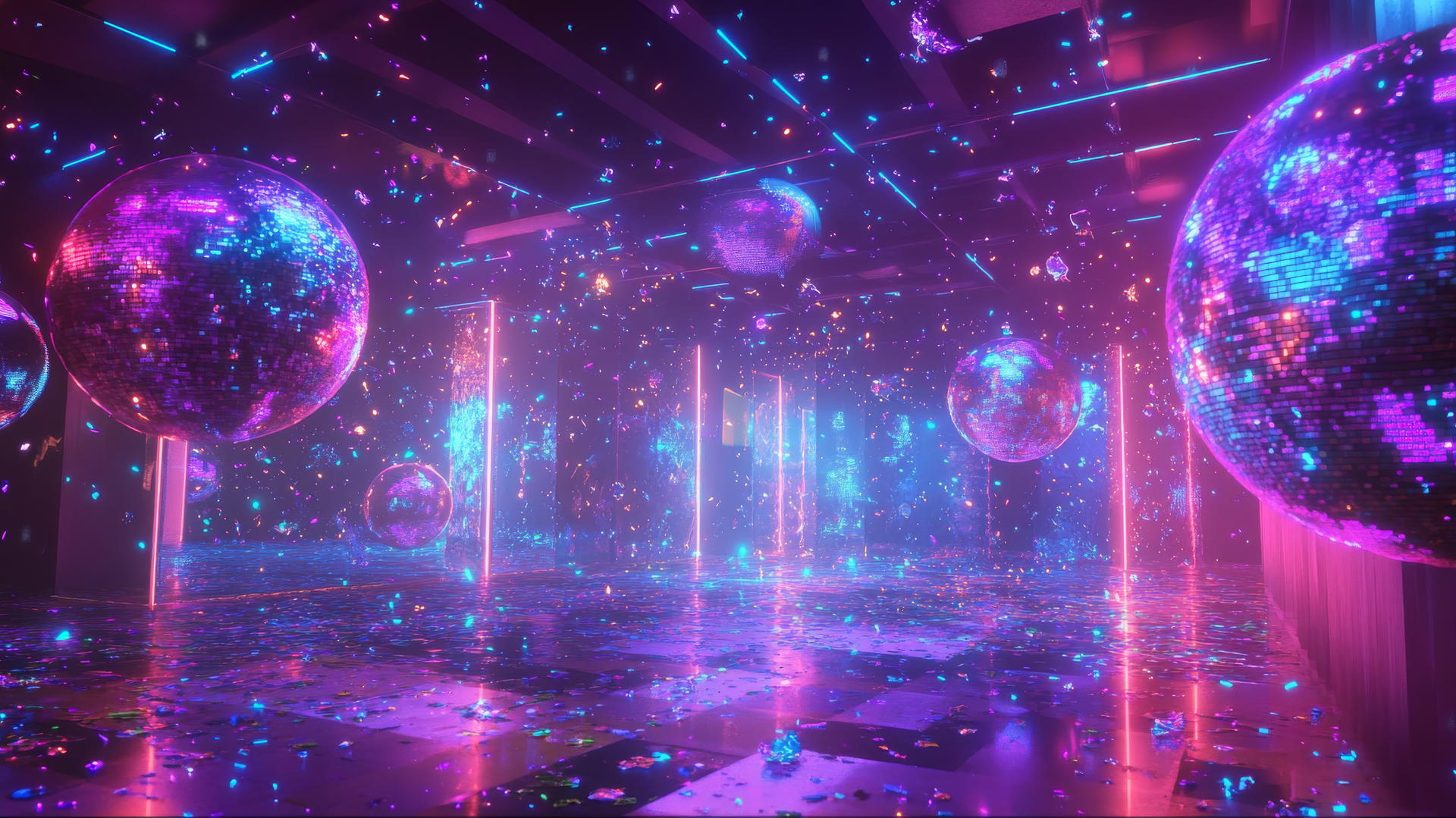 Y2K wallpaper with futuristic dance floor, holographic disco balls, pixelated confetti, neon laser lights.