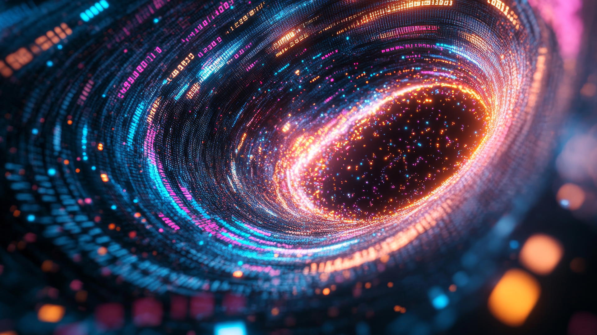 Y2K wallpaper with digital binary code vortex, pixelated particles, and glowing geometric shapes