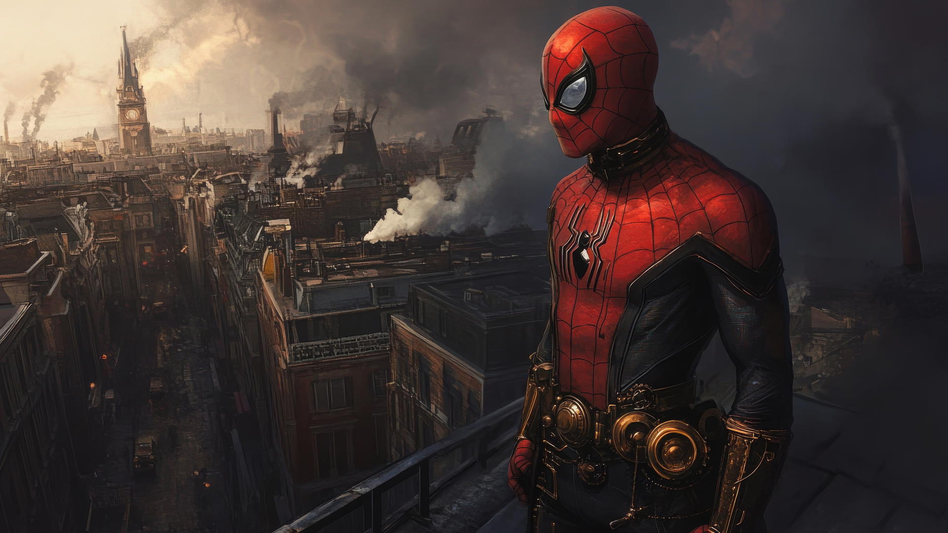Spider-Man steampunk-themed world on Victorian rooftop, spider man wallpaper aesthetic