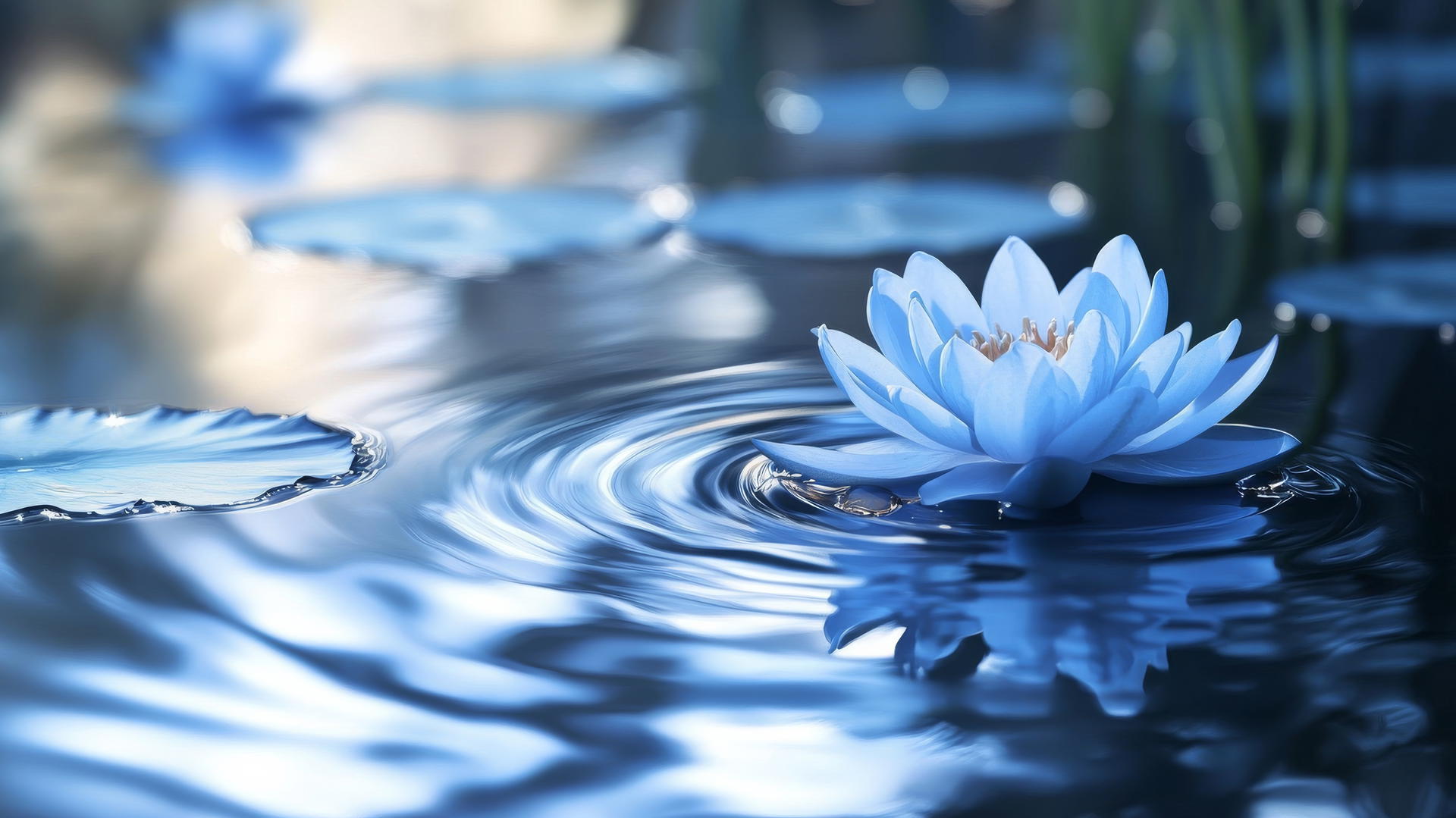 blue floral wallpaper with serene blue lotus blossoms on still water with soft ripples and reflections