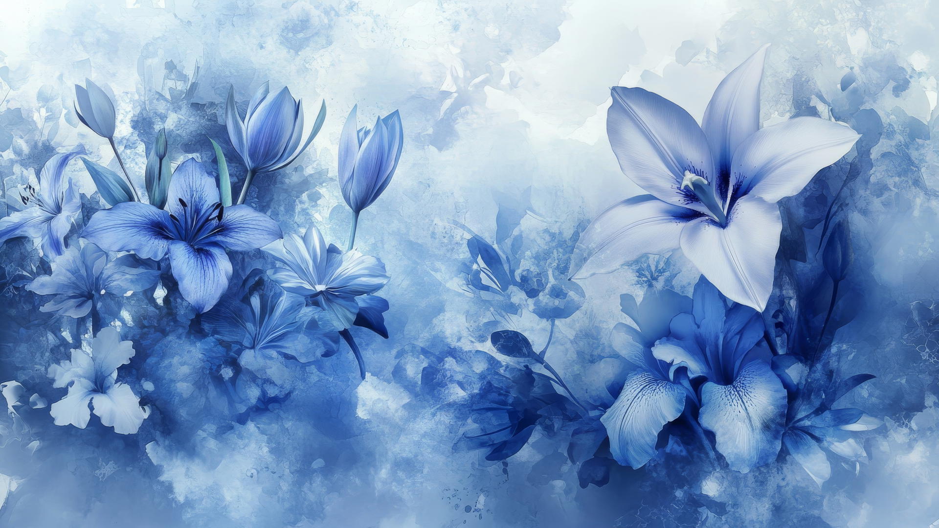 blue flower wallpaper with watercolor splash of tulips, lilies, irises