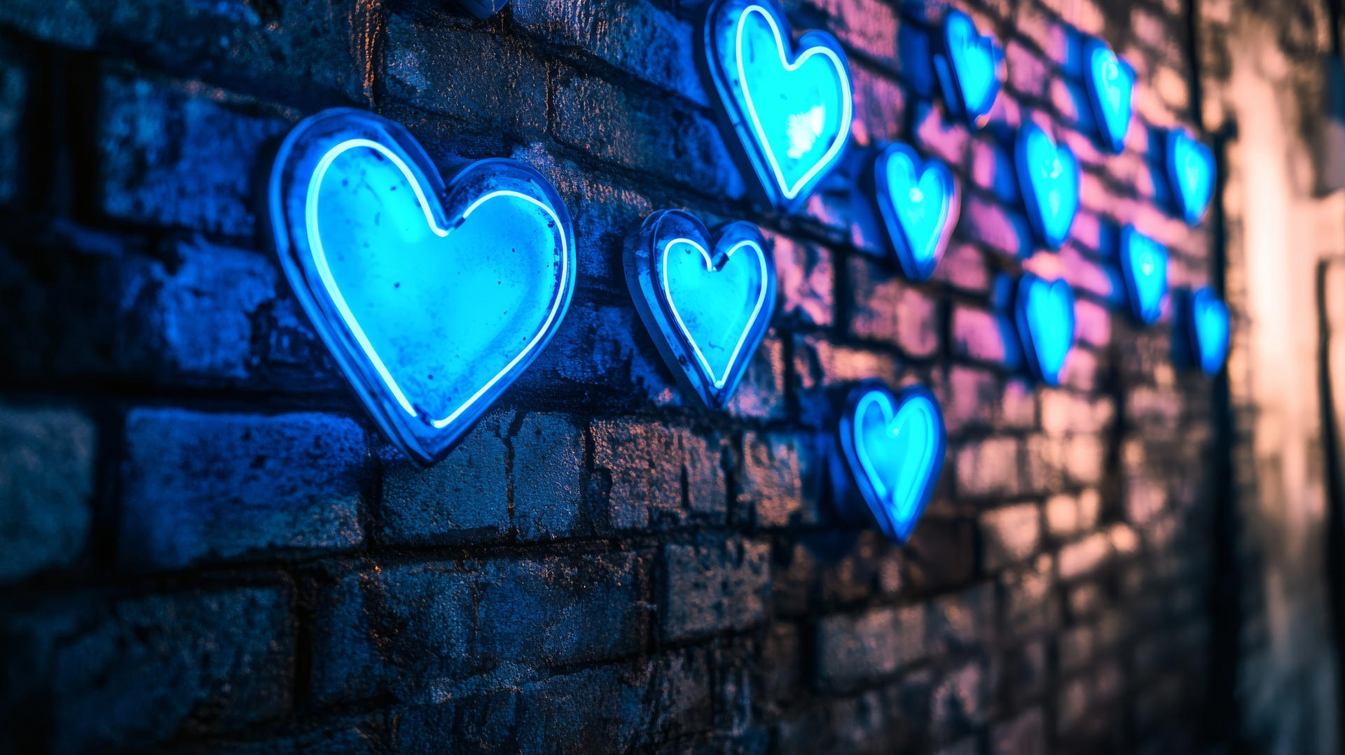 neon blue heart signs glowing against a brick wall wallpaper
