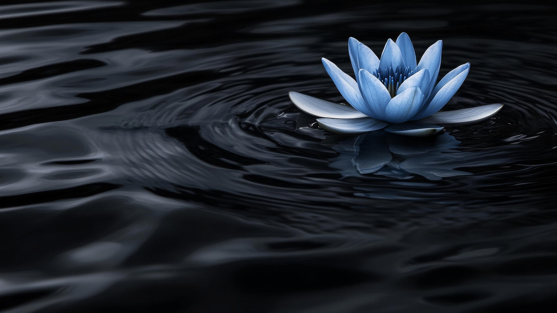 Black and blue wallpaper featuring a floating blue lotus on calm black water.