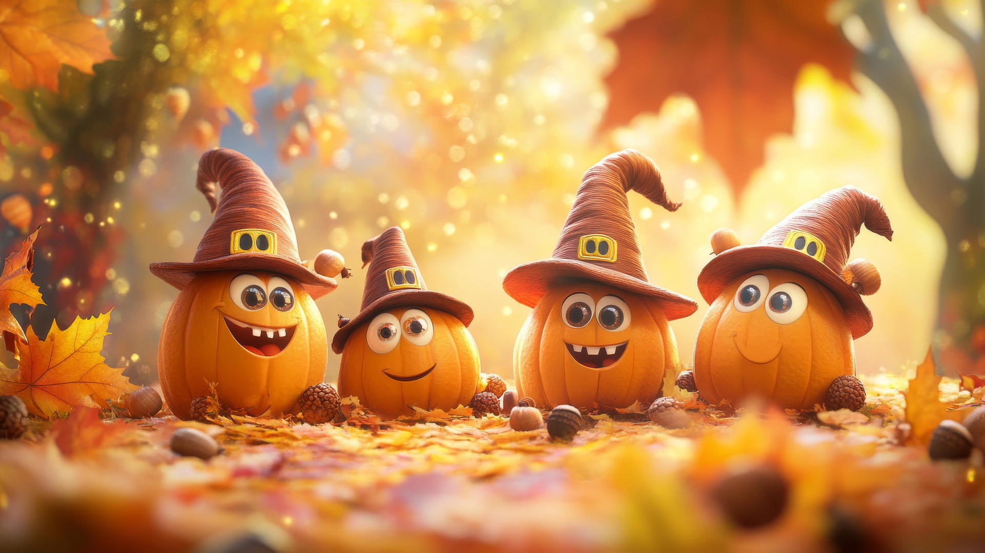 cute thanksgiving wallpaper with smiling pumpkins in pilgrim hats
