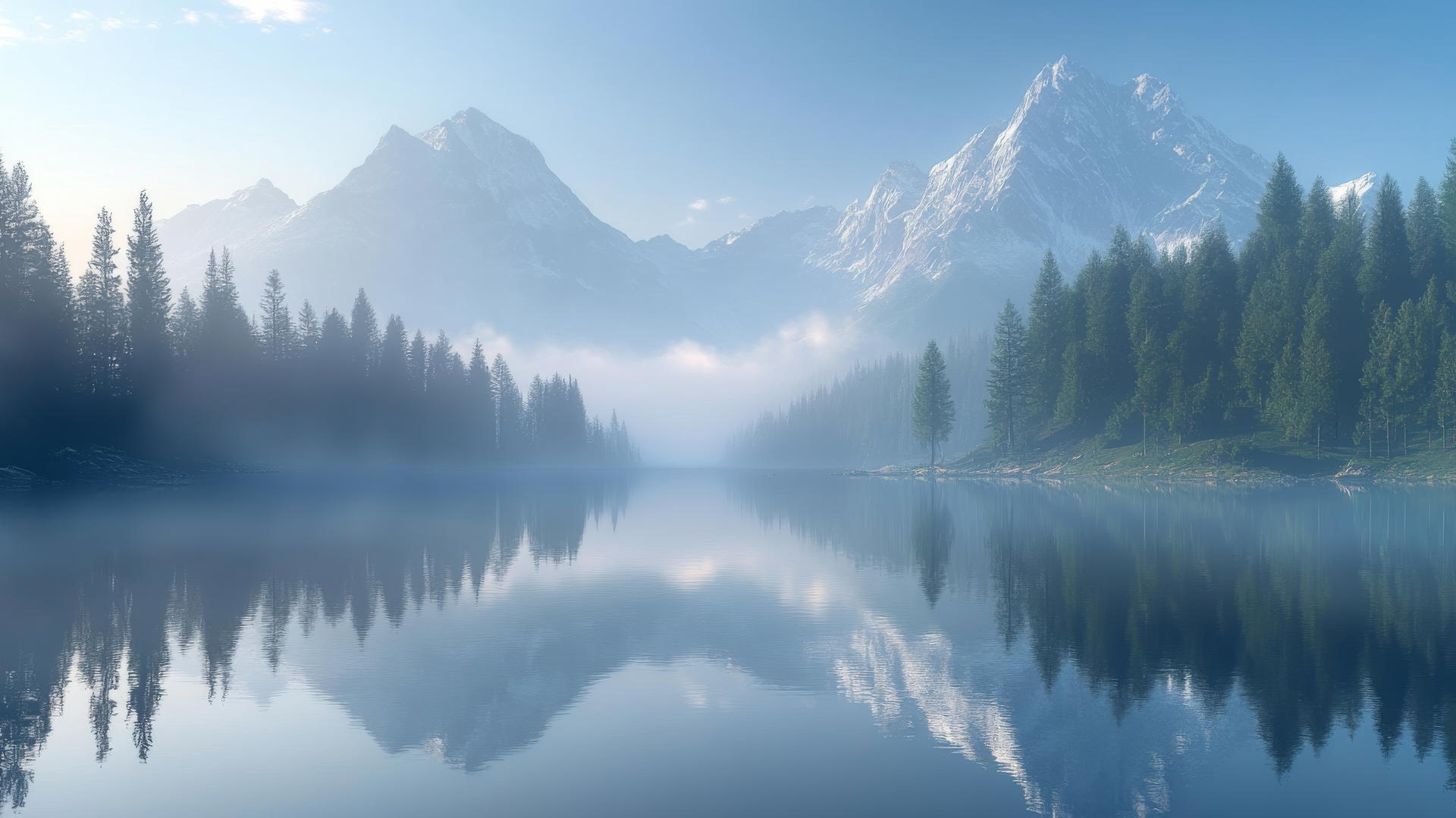 summer wallpaper of tranquil mountain lake at dawn with mist