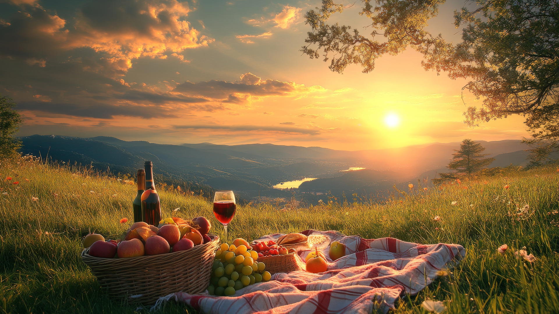 summer wallpaper with sunset picnic scene on grassy hill, basket of fruits, wine glasses, and setting sun