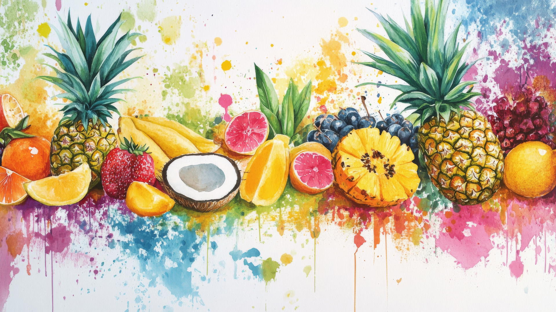 summer aesthetic wallpaper with tropical fruits and vibrant watercolor textures