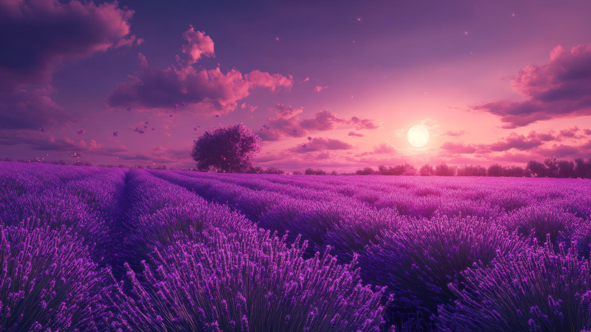 wallpaper purple 4k: lavender field at dusk with deep purple and soft pink sky under a glowing moon