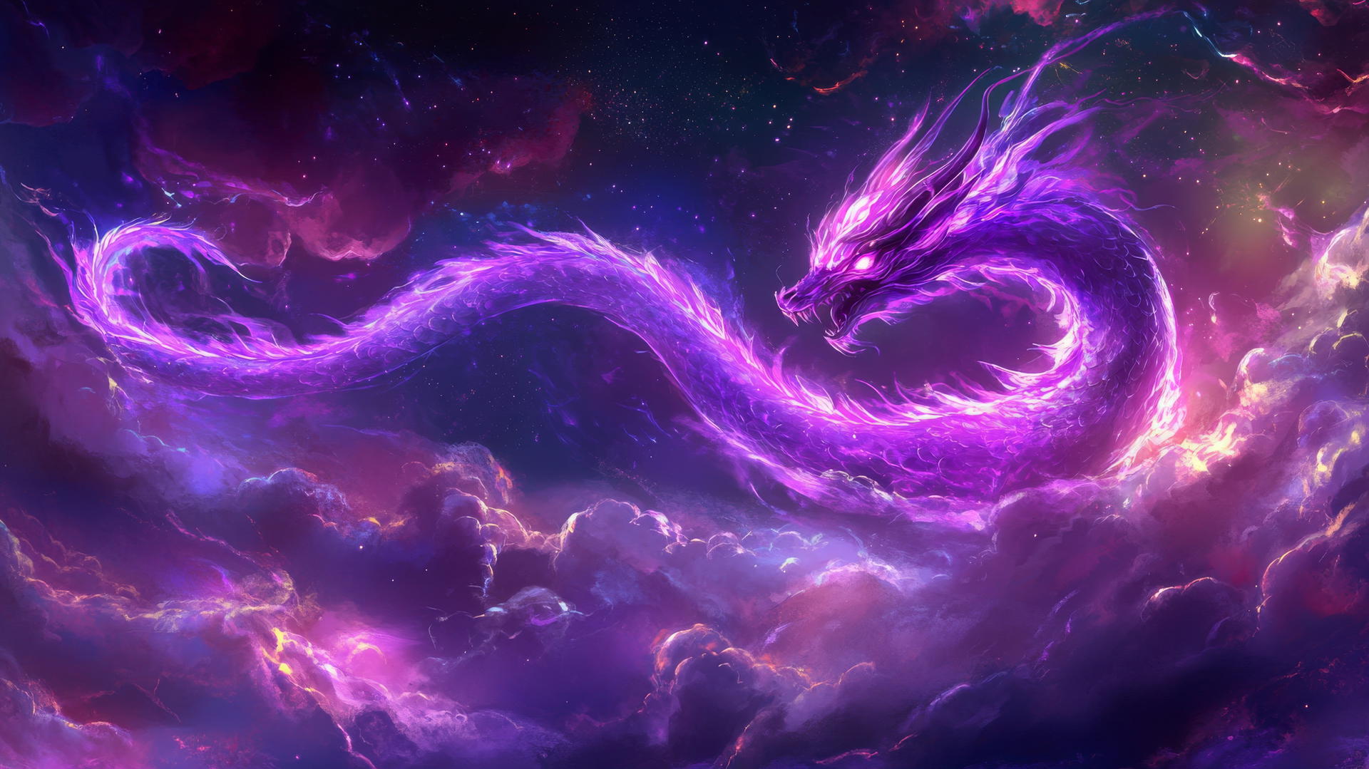 Neon purple aesthetic wallpaper with a neon-lit dragon in the night sky