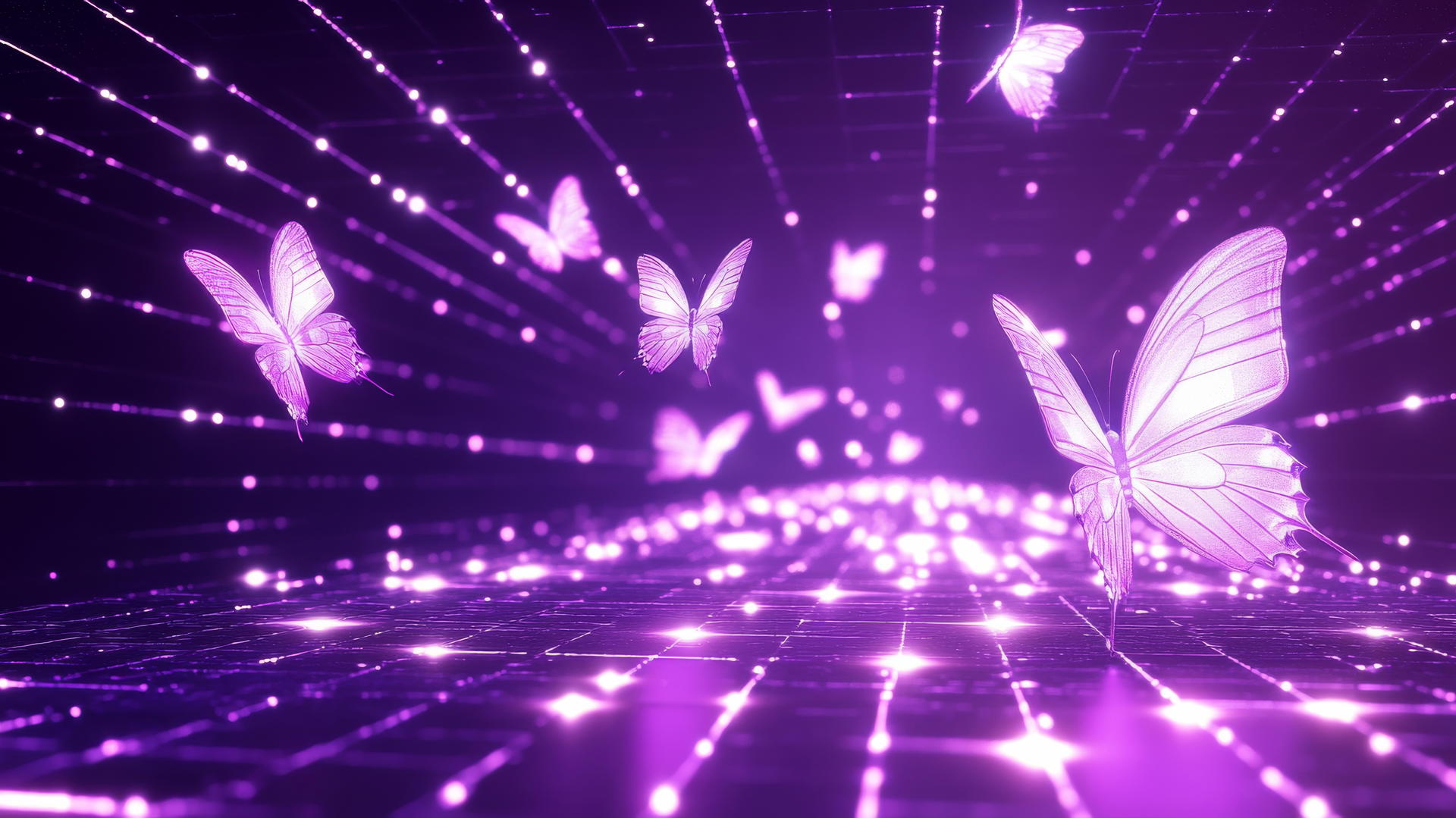 neon purple aesthetic wallpaper with holographic butterflies on a glowing digital grid