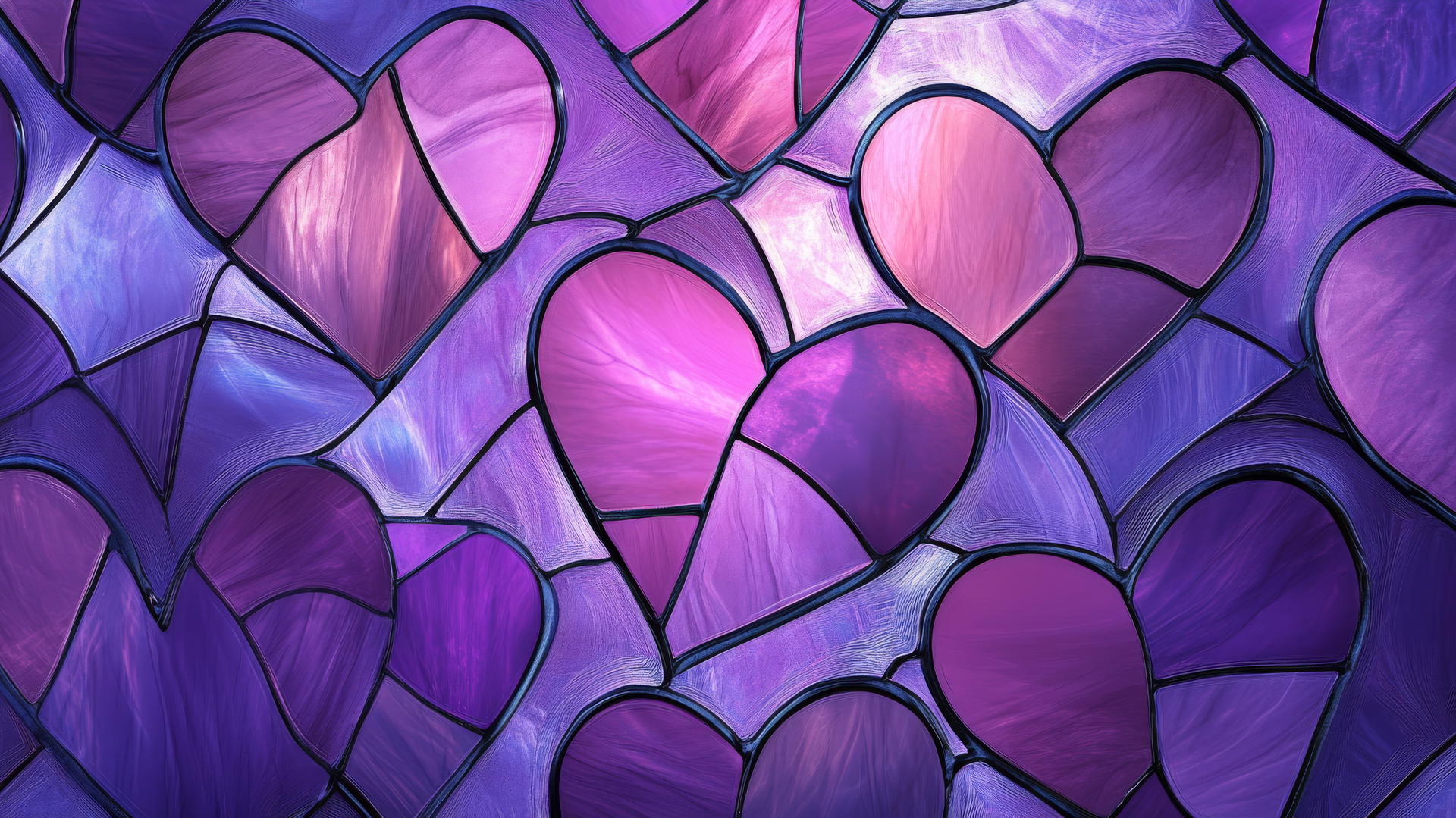 purple heart wallpaper with stained-glass hearts in purple and lavender hues illuminated by soft light