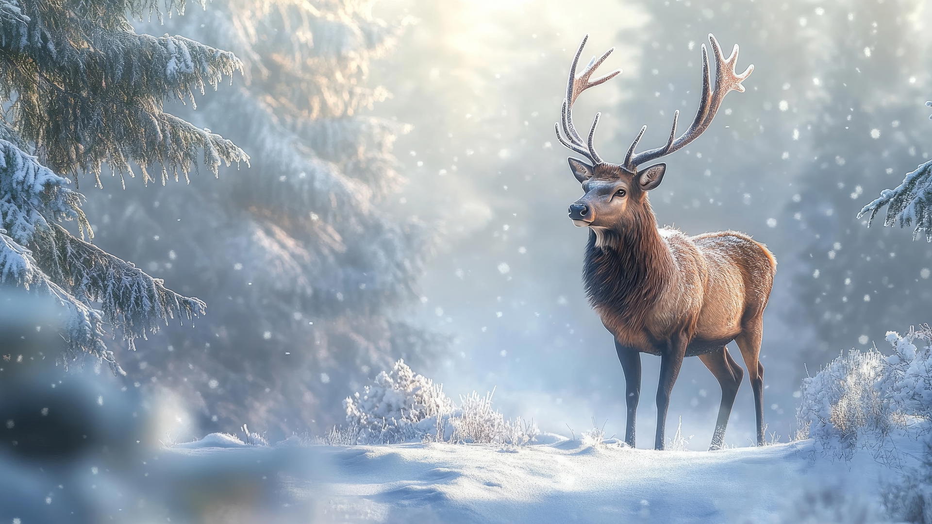 Majestic stag in a snowy forest, antlers frosted, surrounded by snow-covered pines; beautiful winter wallpaper.