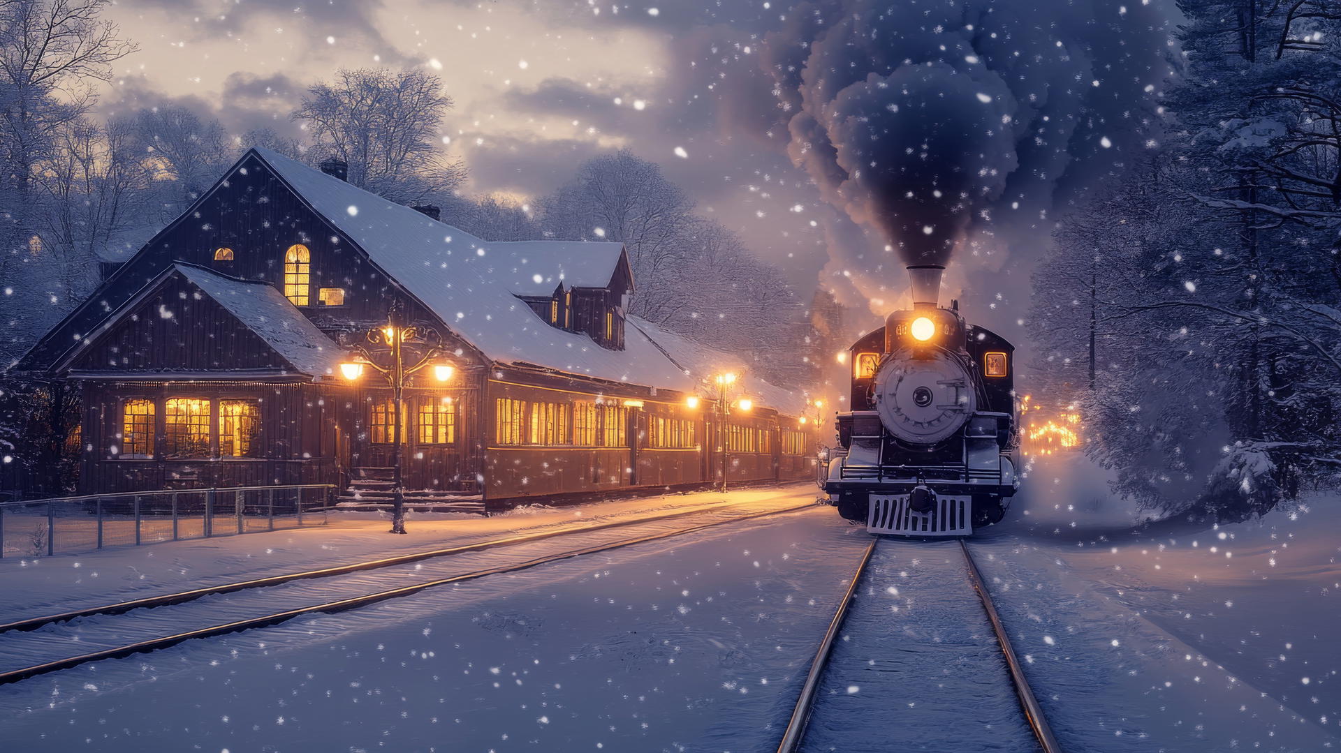 winter background wallpaper, snow-covered train station at dusk with vintage steam train