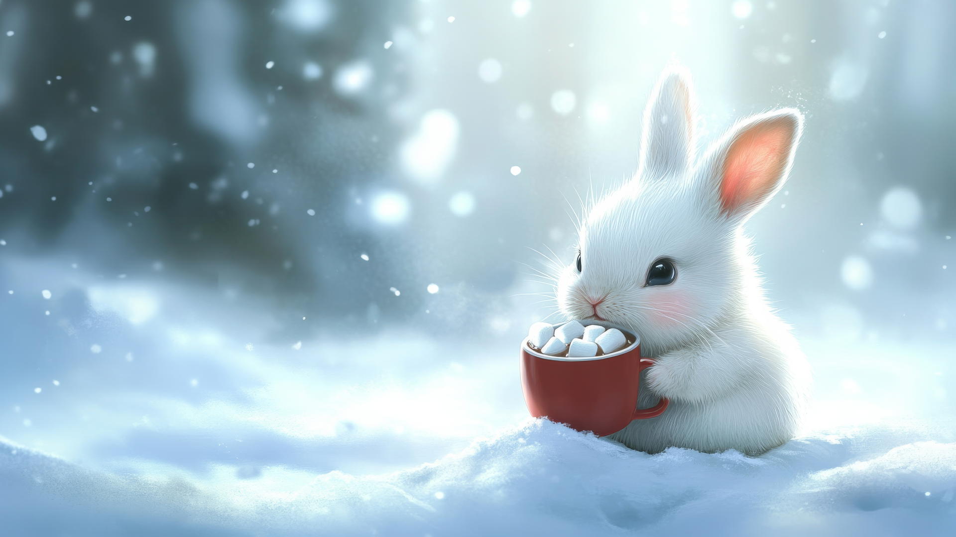 cute bunny wallpaper with a chubby bunny sitting in the snow, holding a mug of hot cocoa