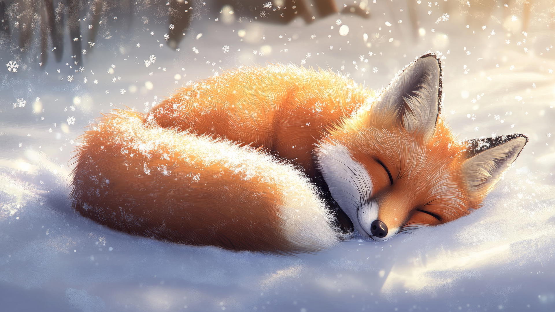 Cute winter wallpaper of a sleepy fox curled up in the snow with snowflakes on its fur