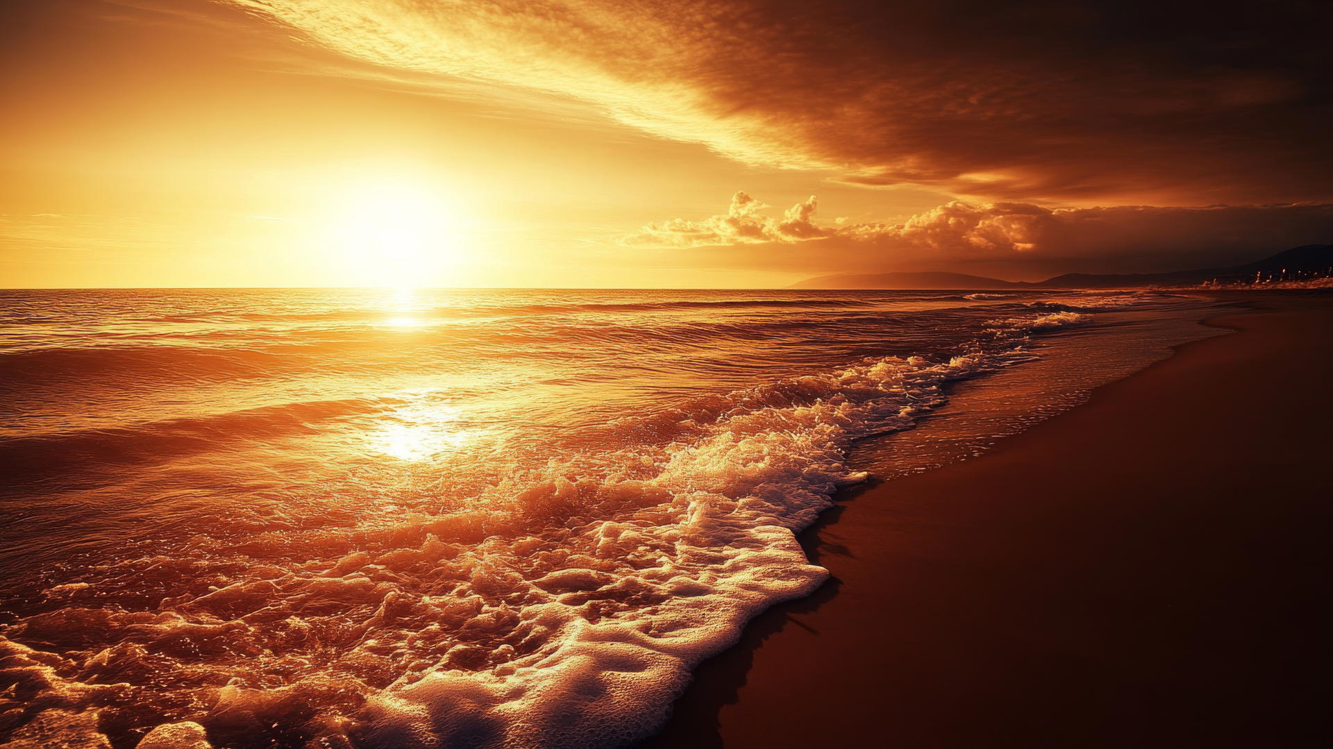 beach pictures wallpaper of a sunrise casting warm glow on rolling waves
