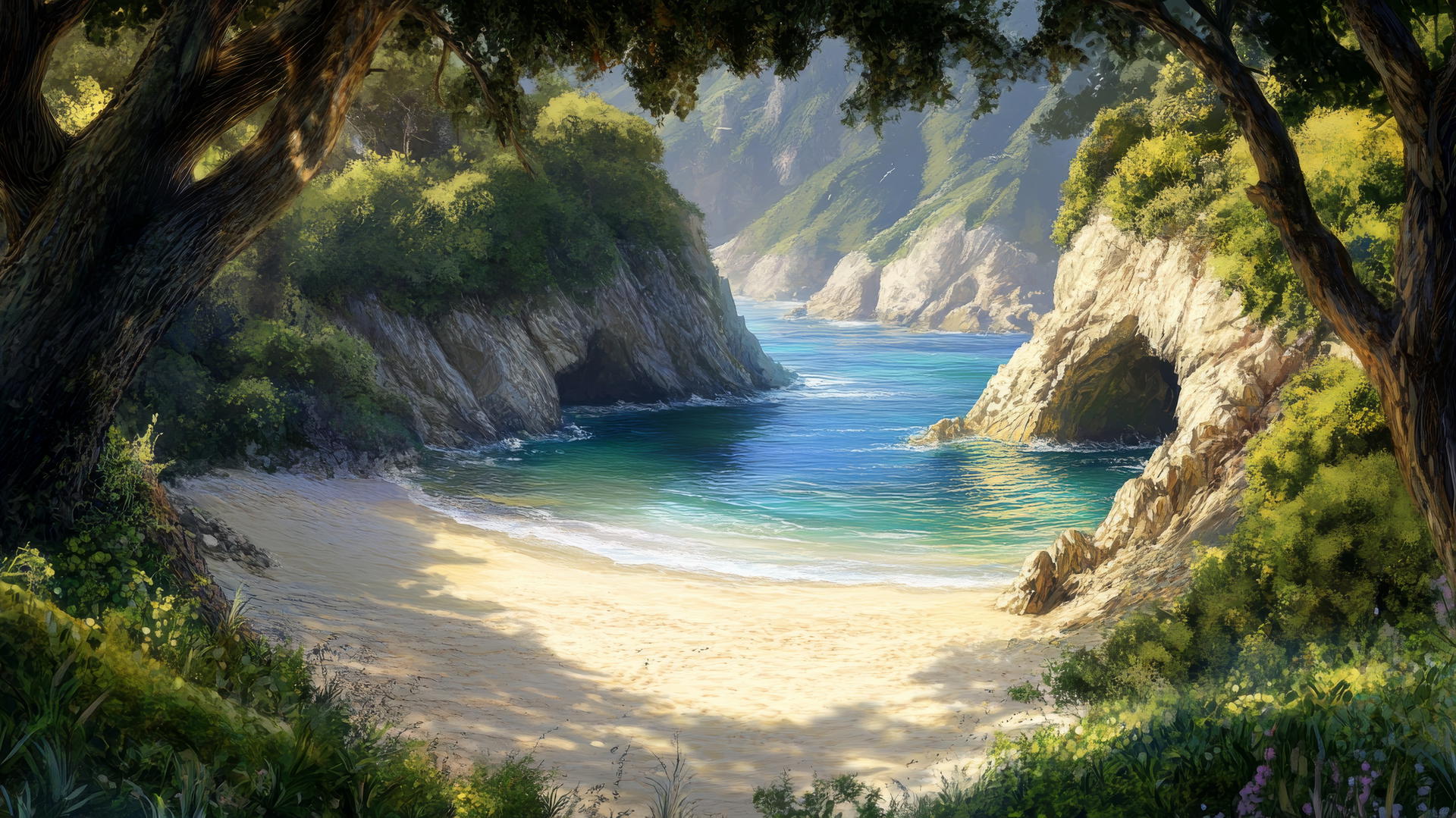 Quiet hidden cove beach background wallpaper with soft sand, rocks, and waves