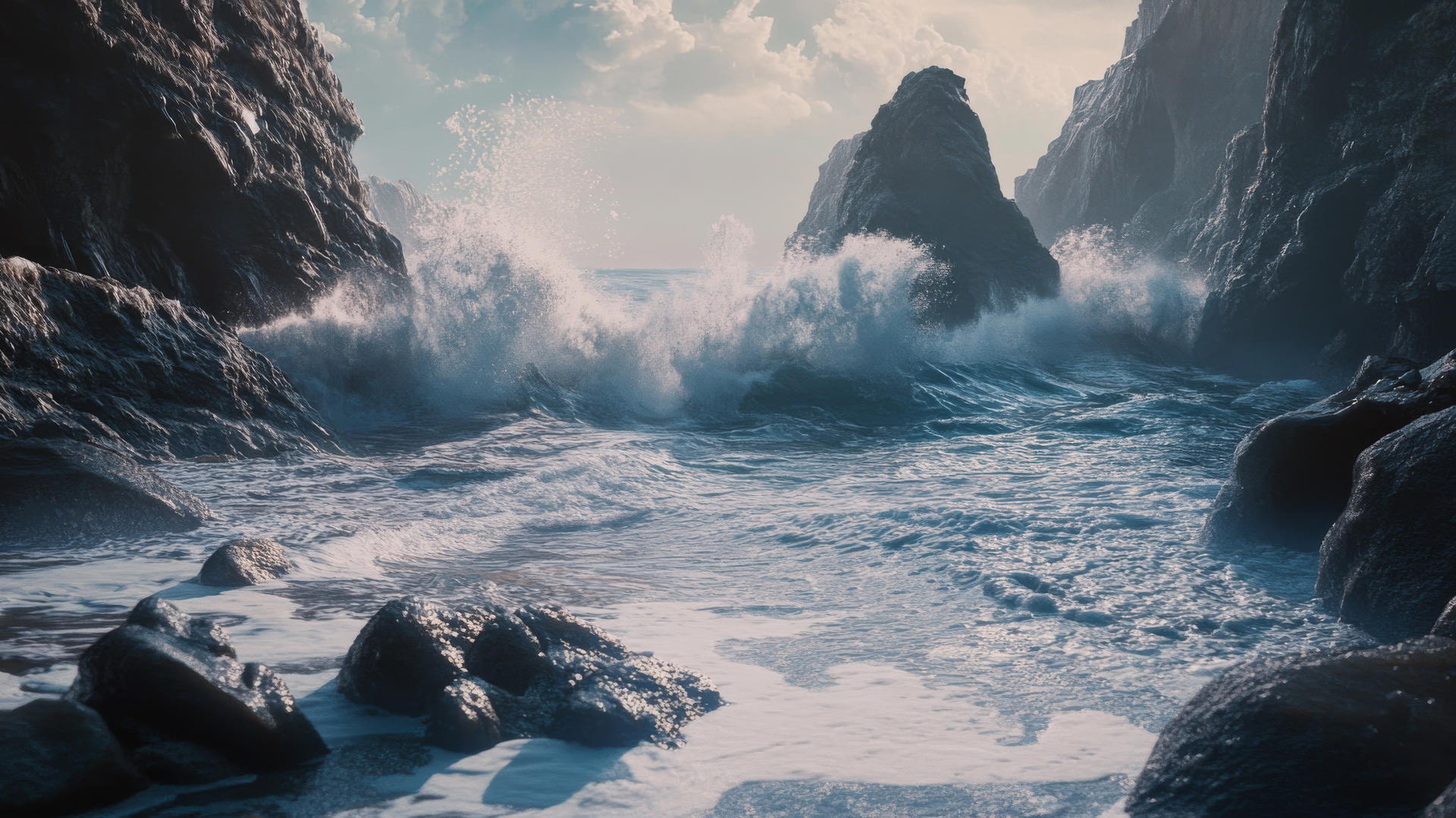 Powerful waves crashing against rocky beach formations, beach wallpaper 4k