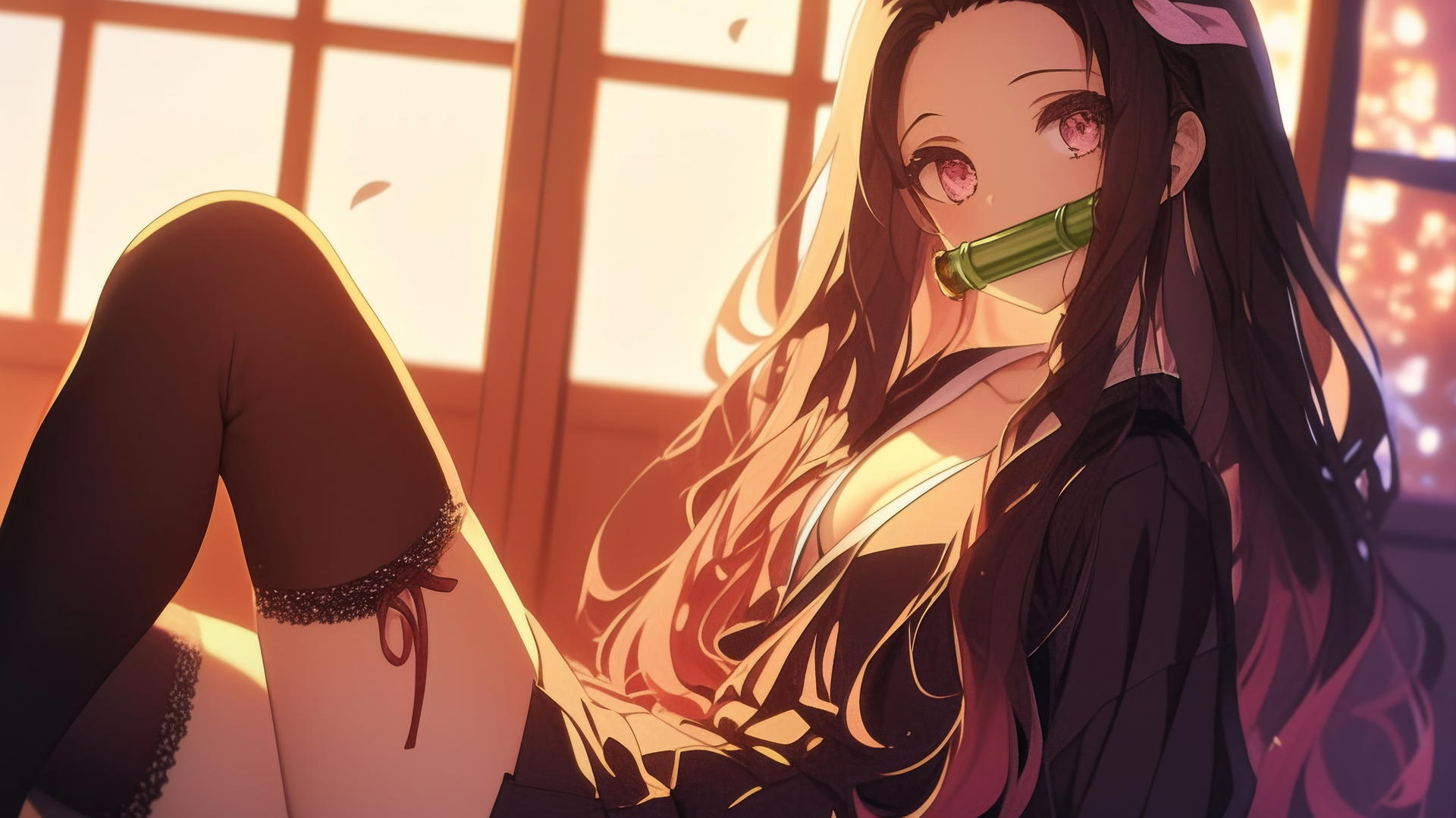 Nezuko from Demon Slayer sitting in a sunny apartment, warm glow on her