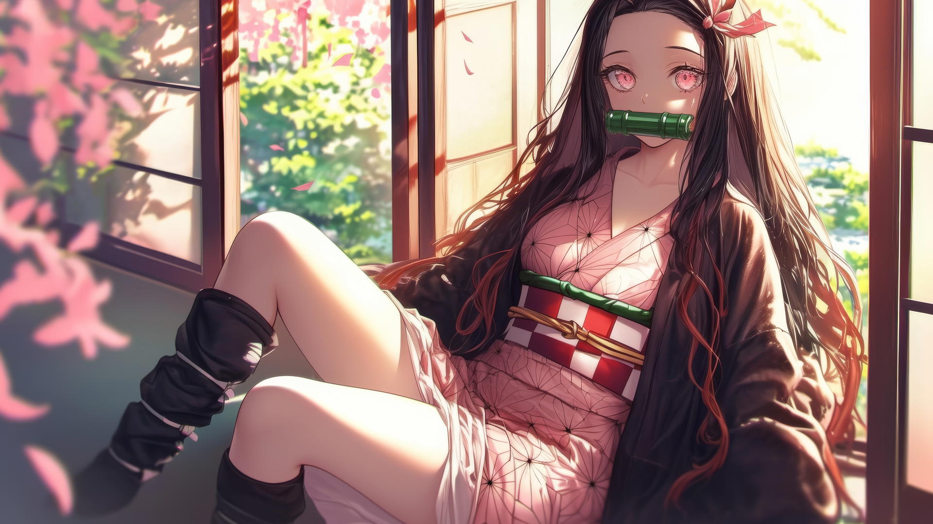 Demon Slayer wallpaper featuring Nezuko sitting in a sunny apartment with pale pink eyes