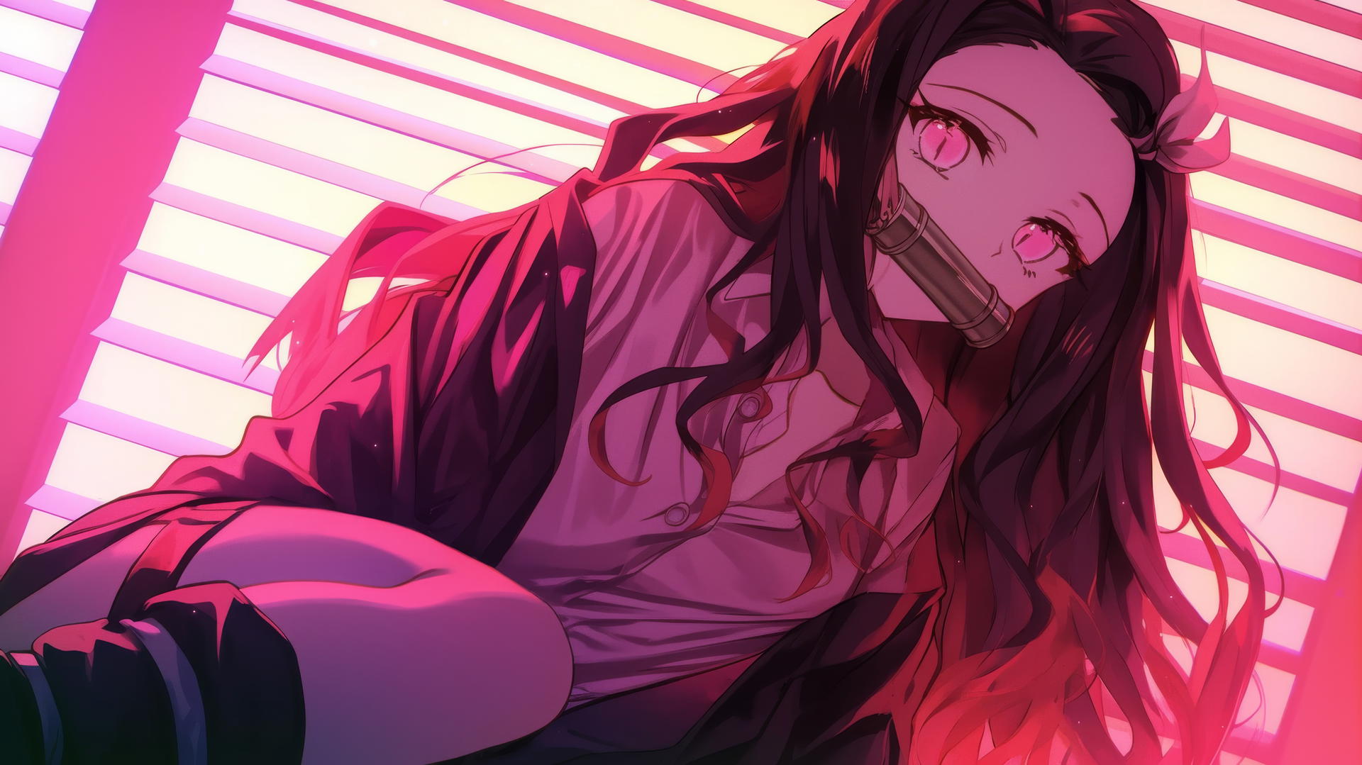 demon slayer wallpaper of Nezuko kneeling in modern office shirt