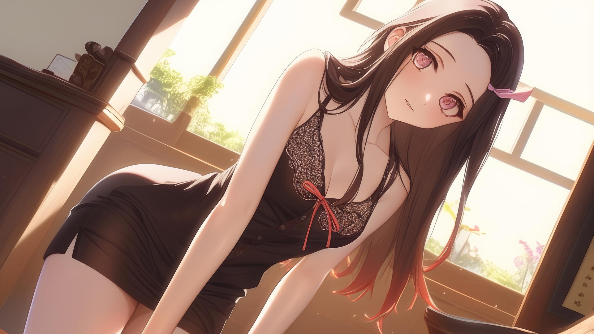 Demon Slayer wallpaper of Nezuko kneeling in modern office shirt in warm-lit hotel room