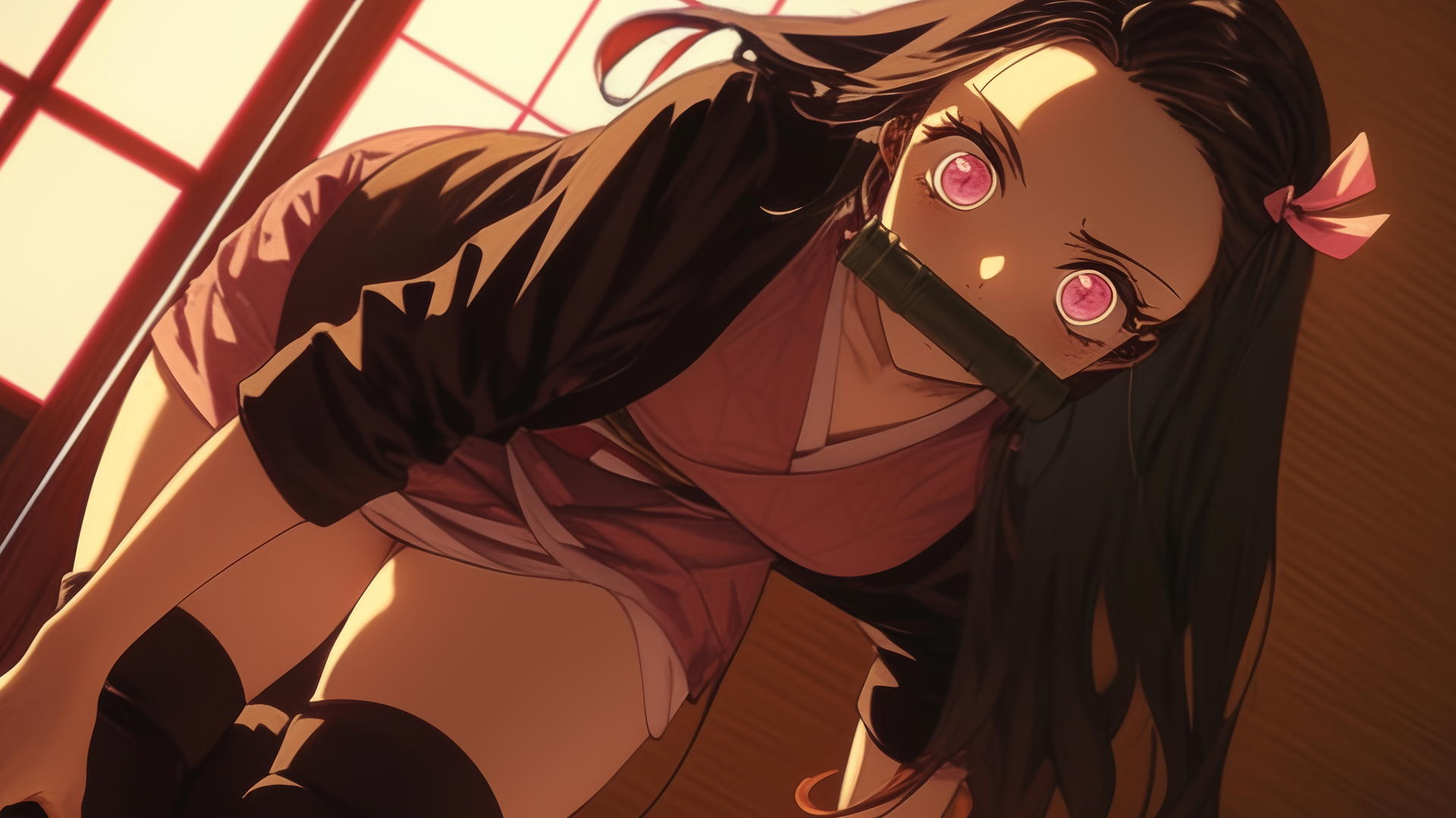 demon slayer wallpaper featuring Nezuko kneeling in an office shirt in a modern hotel room
