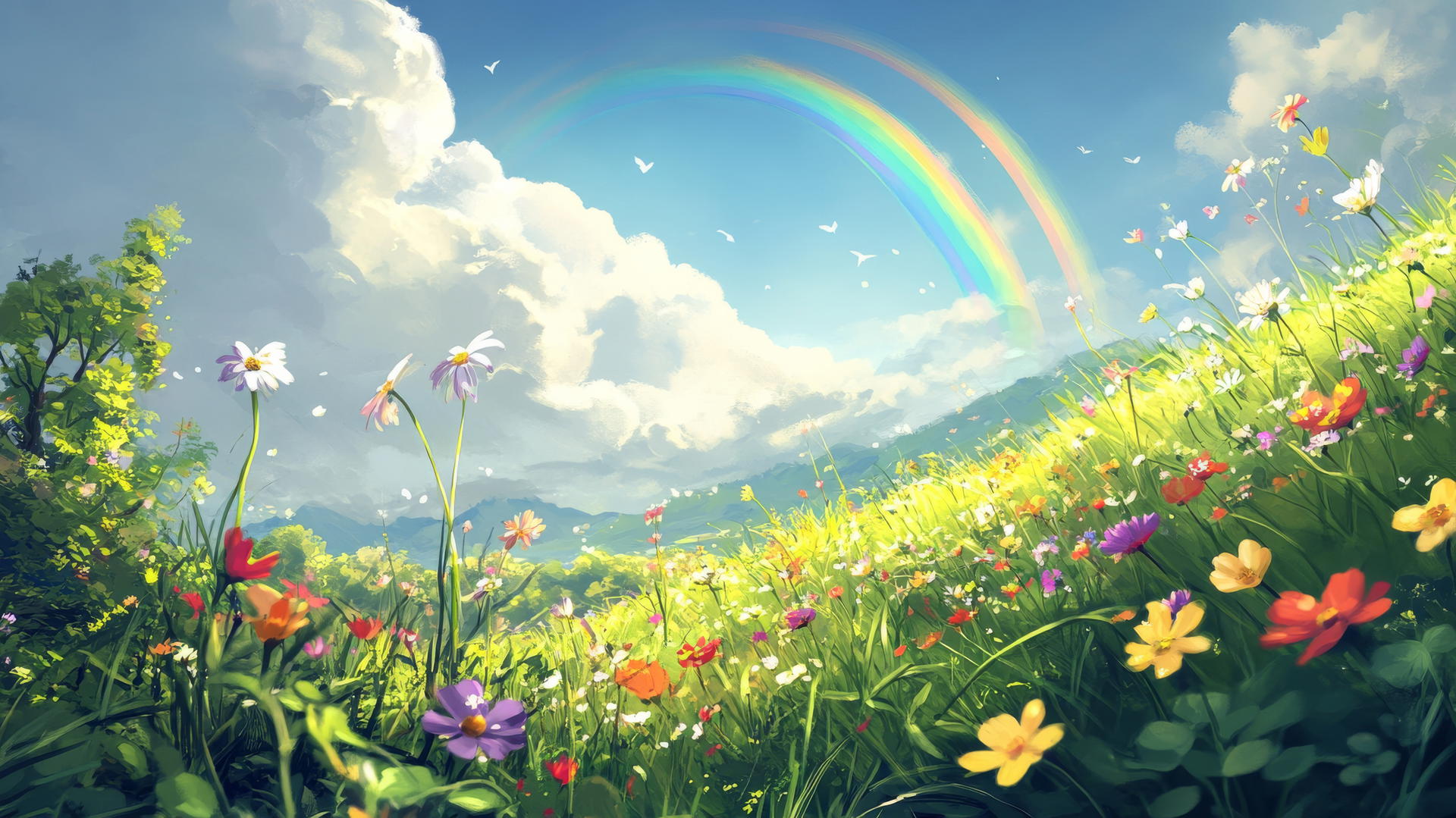 spring wallpaper with a green meadow, blooming wildflowers, and a rainbow