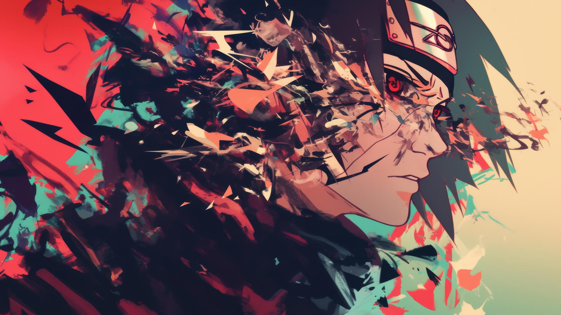 Itachi Uchiha performing Tsukuyomi with surreal, warping shapes and colors