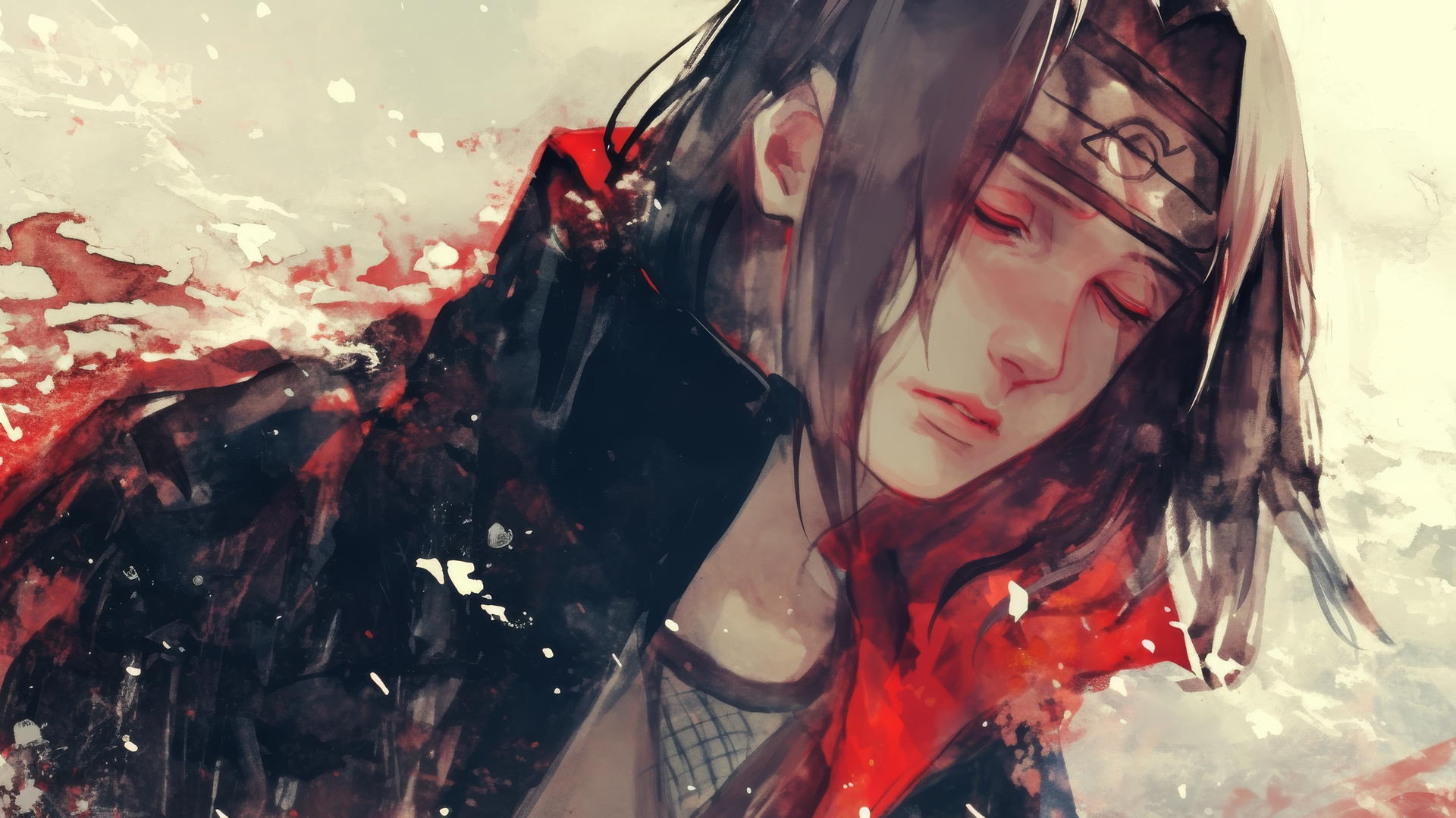 a watercolor itachi uchiha drawing with red and black hues