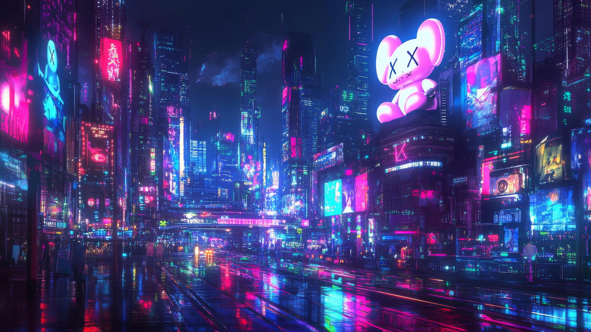 Kaws artwork neon reinterpretation with glowing cityscape at night