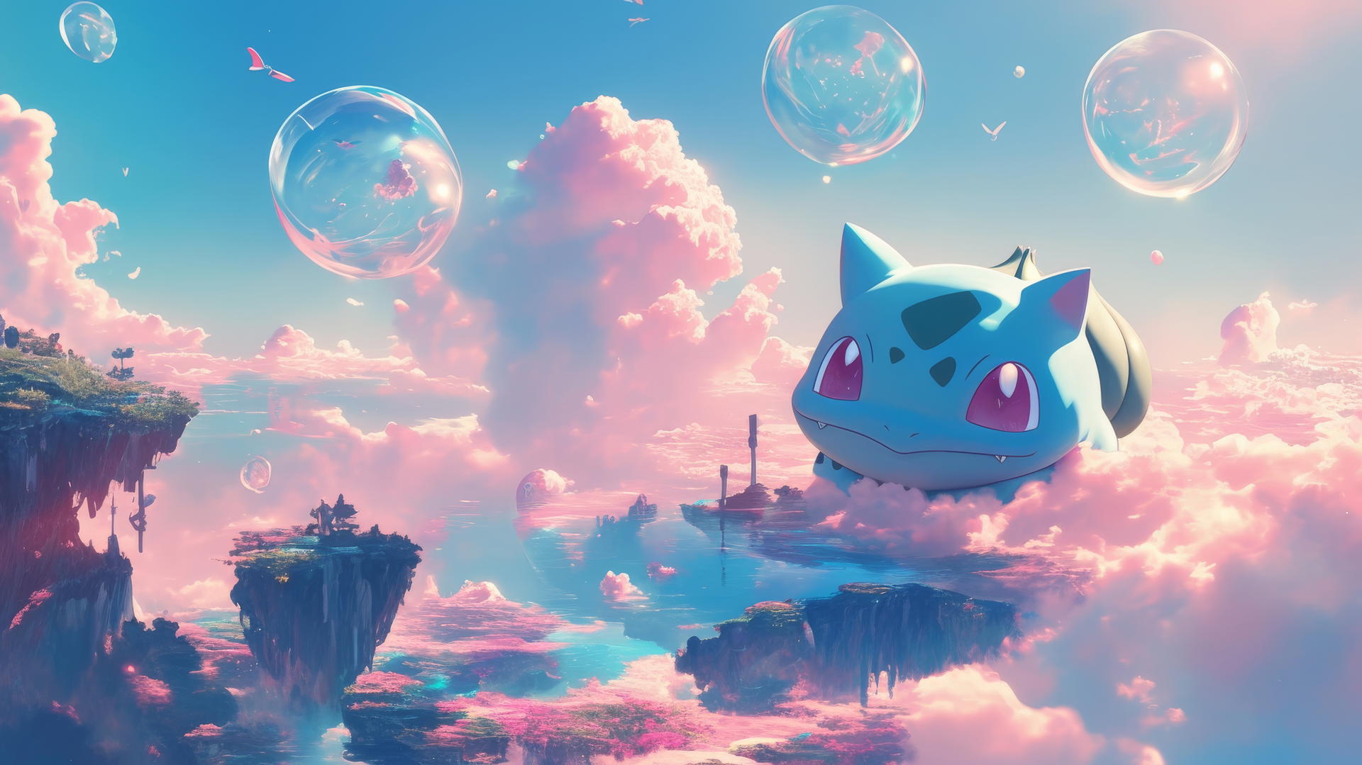 Pokemon Bulbasaur in a dreamy pastel world with cotton candy clouds and floating islands