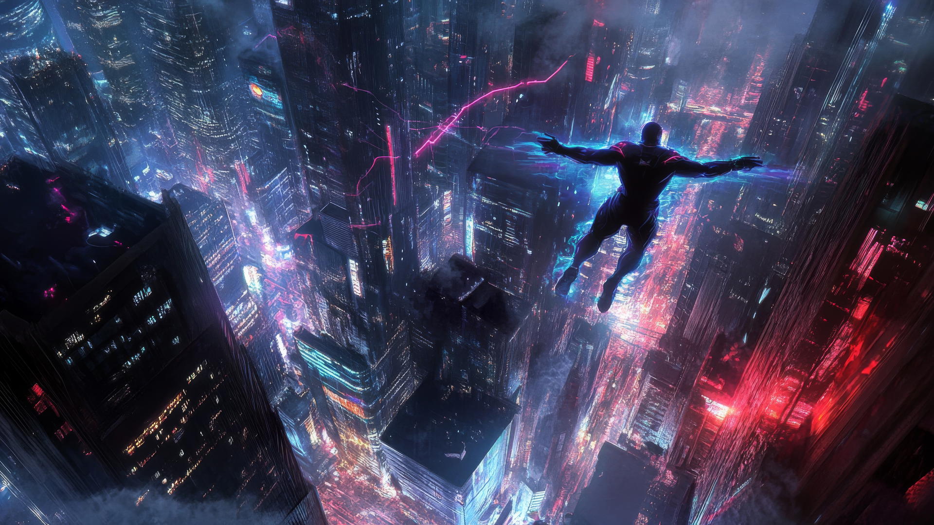 A dynamic superhero flying over a futuristic cityscape with glowing energy trails and dramatic lighting, cool wallpapers for boys