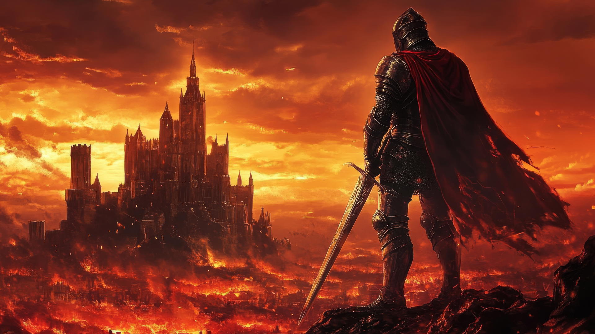 Cool wallpapers for boys: A heroic knight in shining armor on a battlefield with a fiery sunset and towering castles.