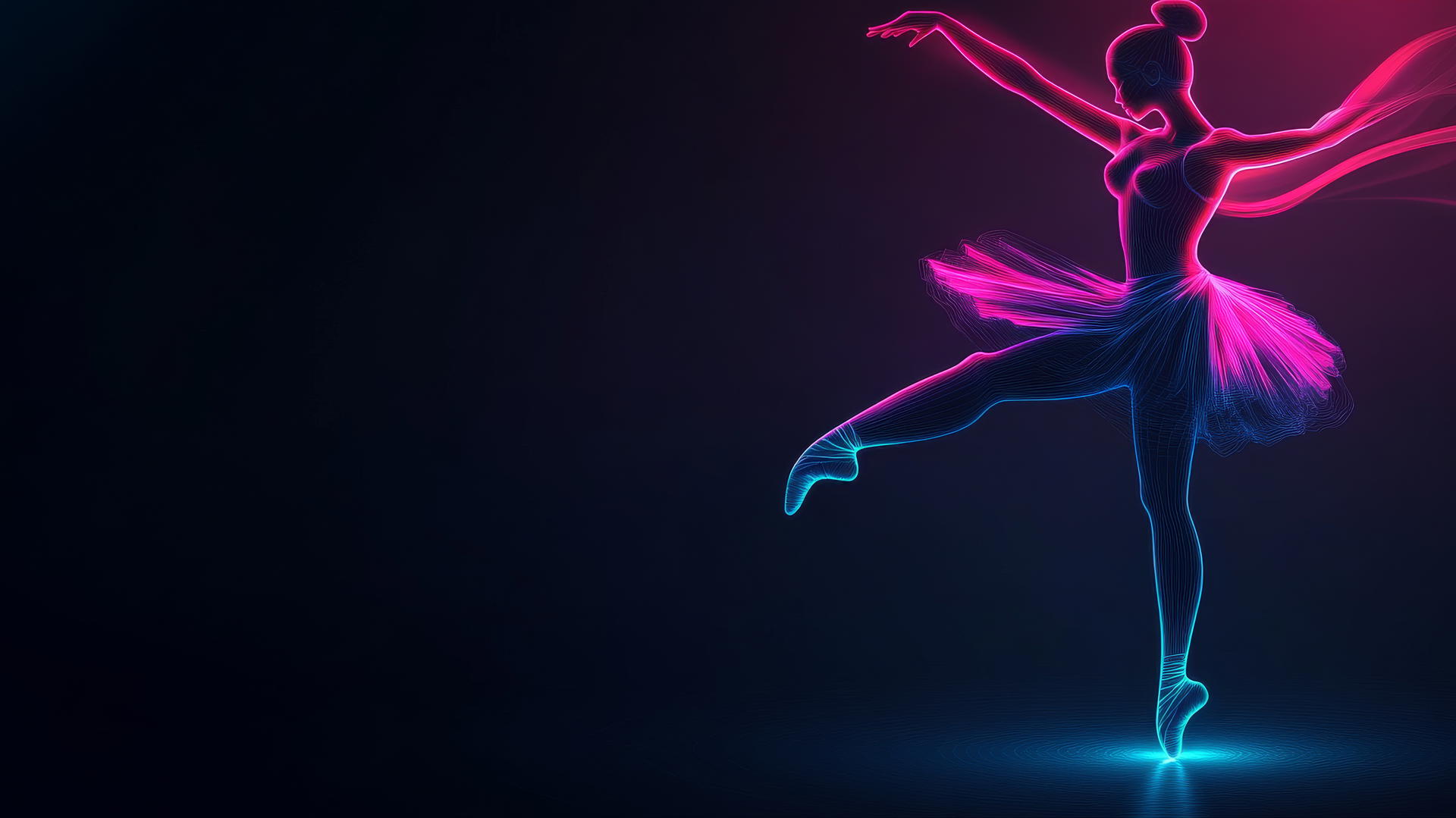 Glowing minimalist outline of ballerina dancing with neon light trails.