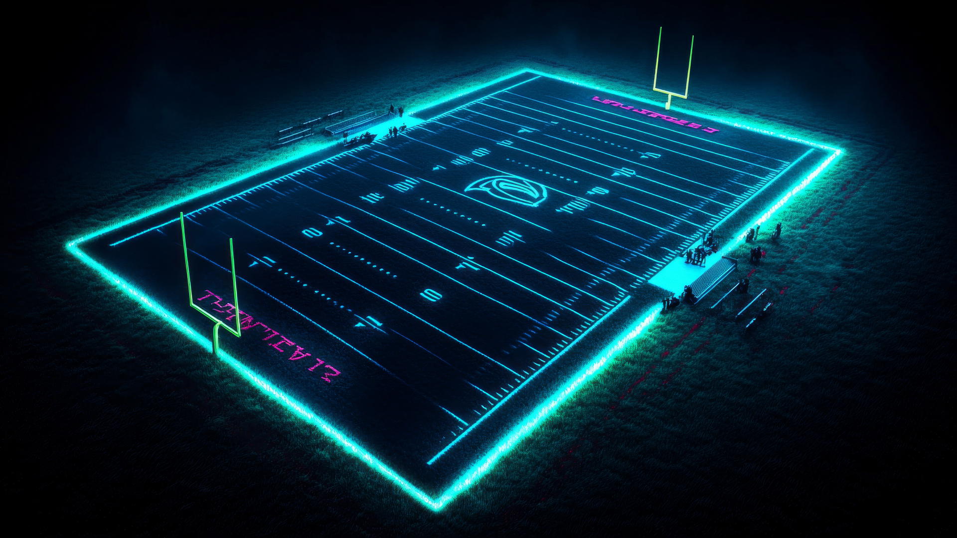 Glowing neon football field with illuminated yard lines and goalposts on black background