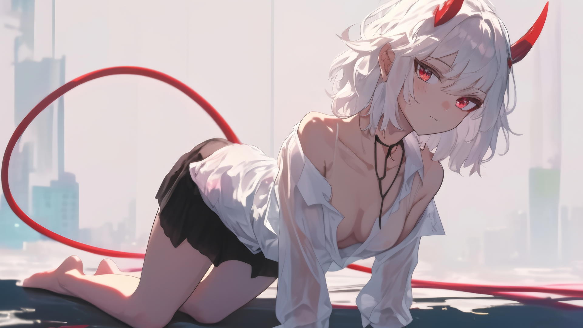 Demon girl in white shirt kneeling in modern hotel