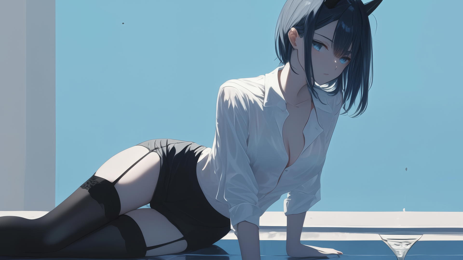 Demon girl kneeling at modern hotel in white shirt