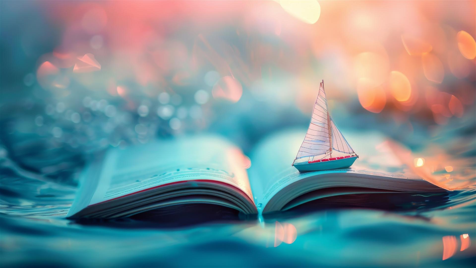 Sailboat sailing over an open book in pastel colors.