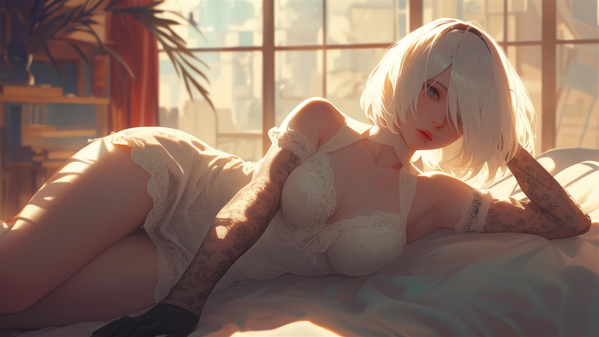 2B from Nier in white silk pajamas resting at sunrise.