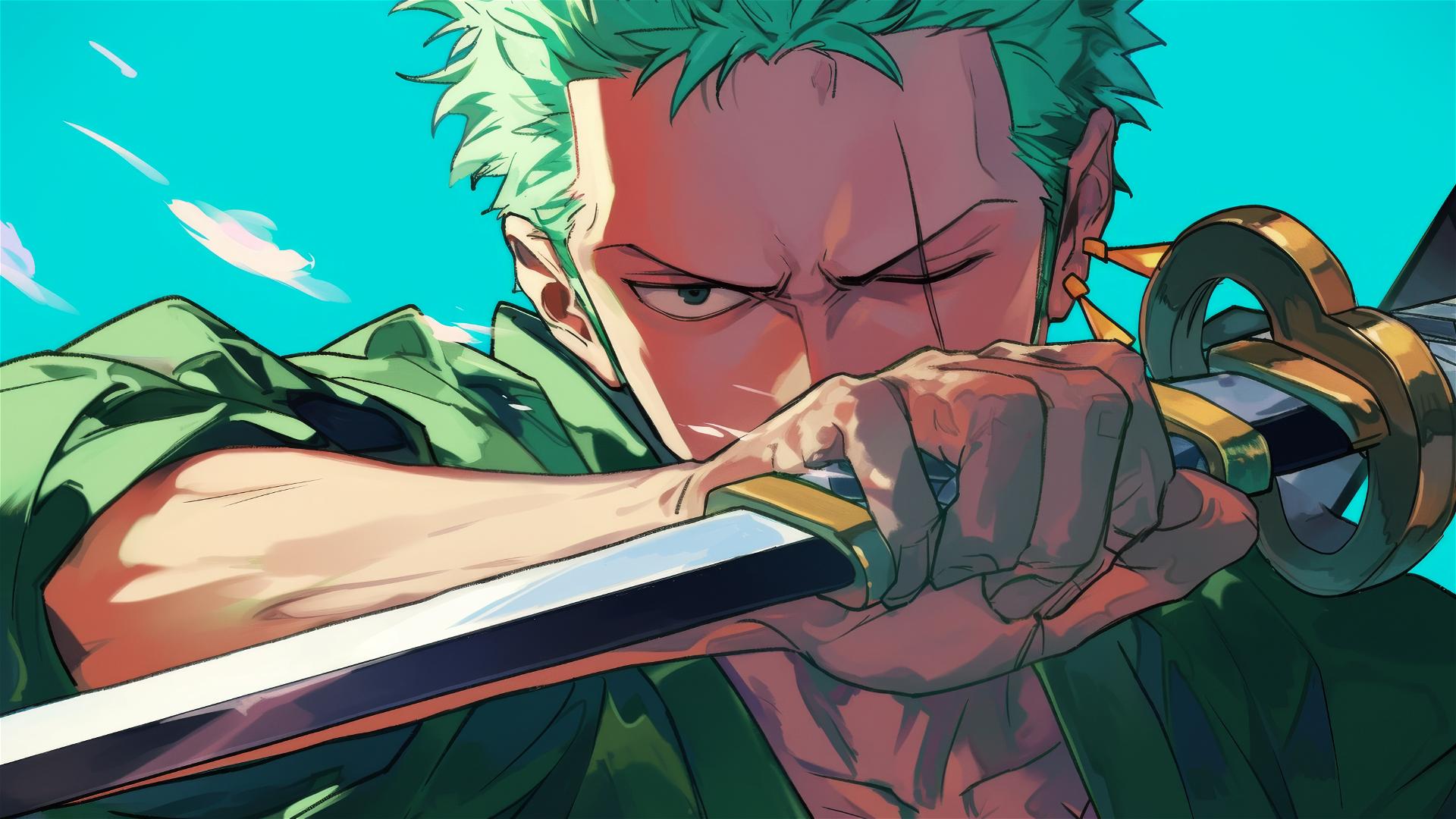 Zoro's determined face from his sword's perspective