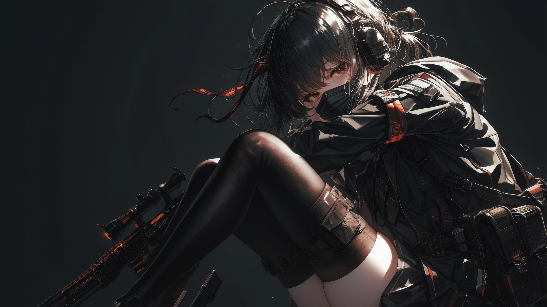 Isolated tactical school girl with mask and thigh focus