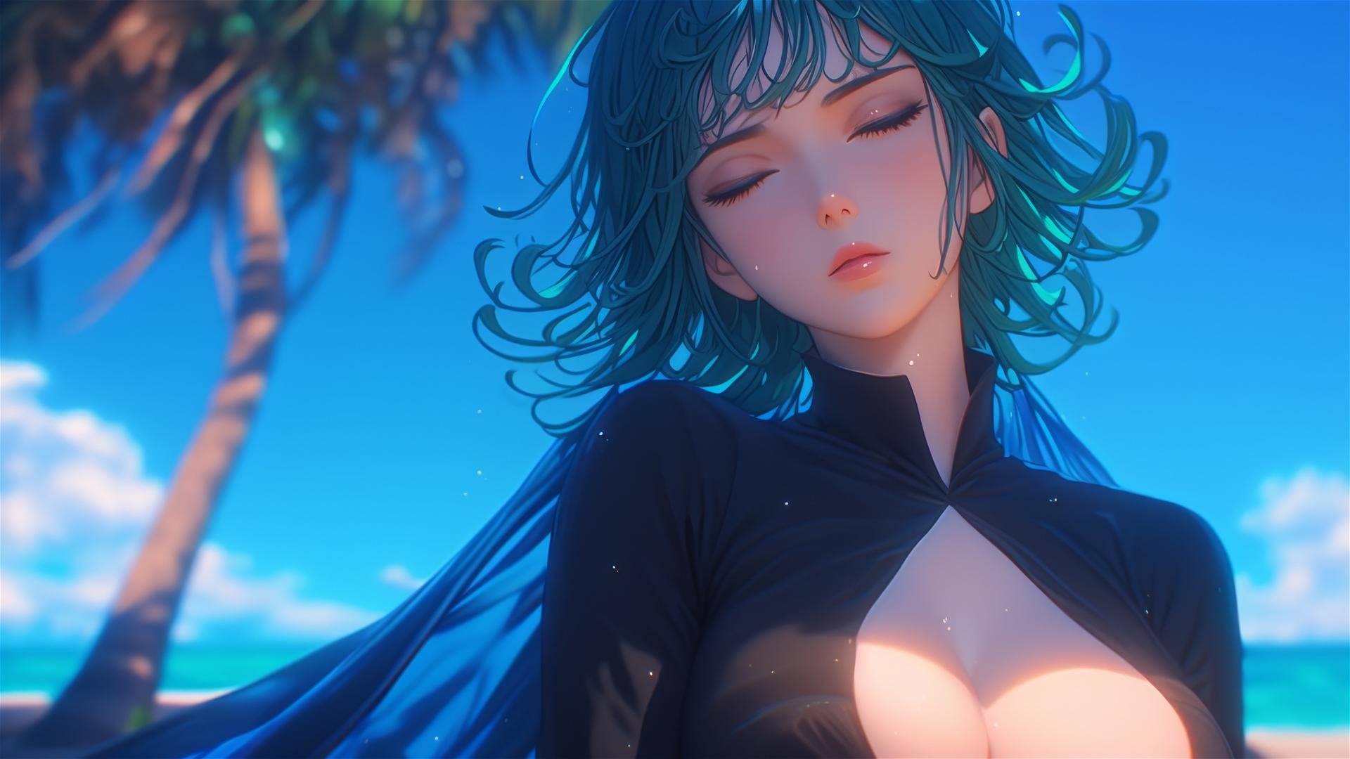 Tatsumaki from One-Punch Man resting by pool under moonlight